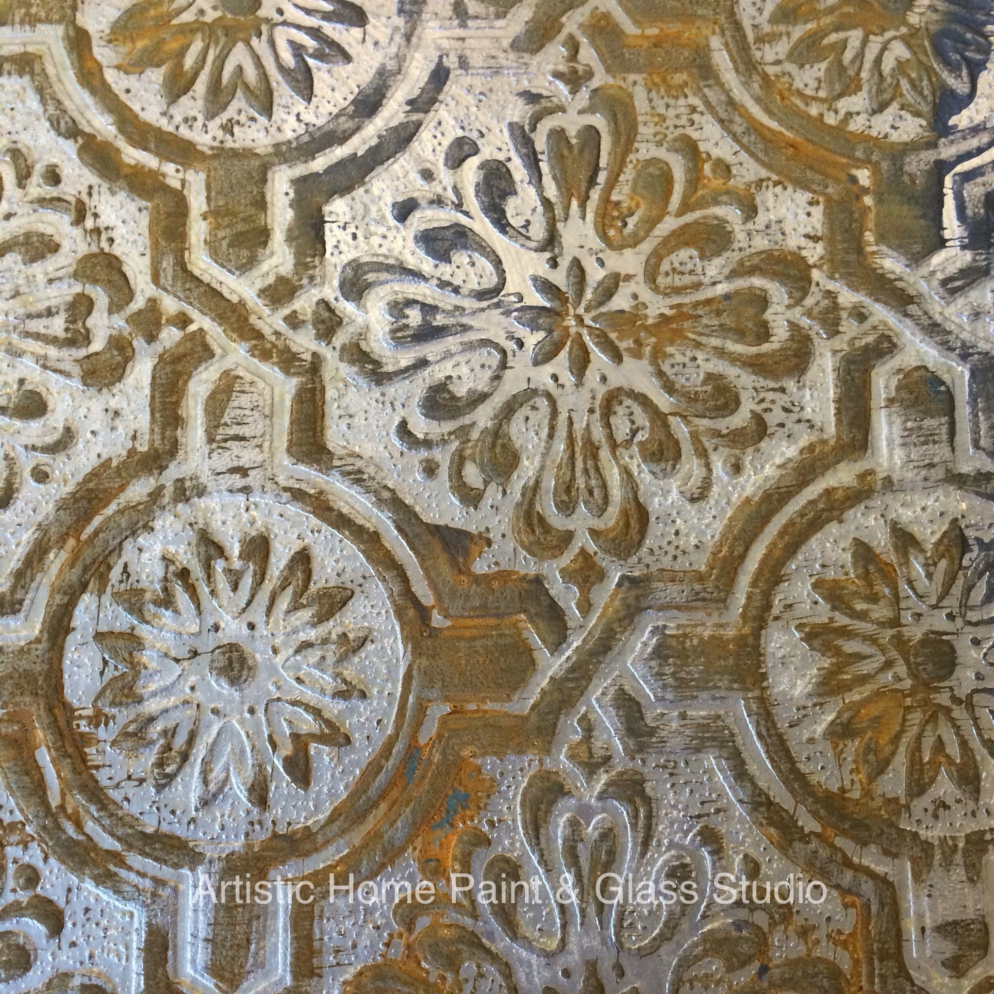 2048x2048 Faux rustic tin tile. Created with textured paintable wallpaper & Modern  Masters paints.