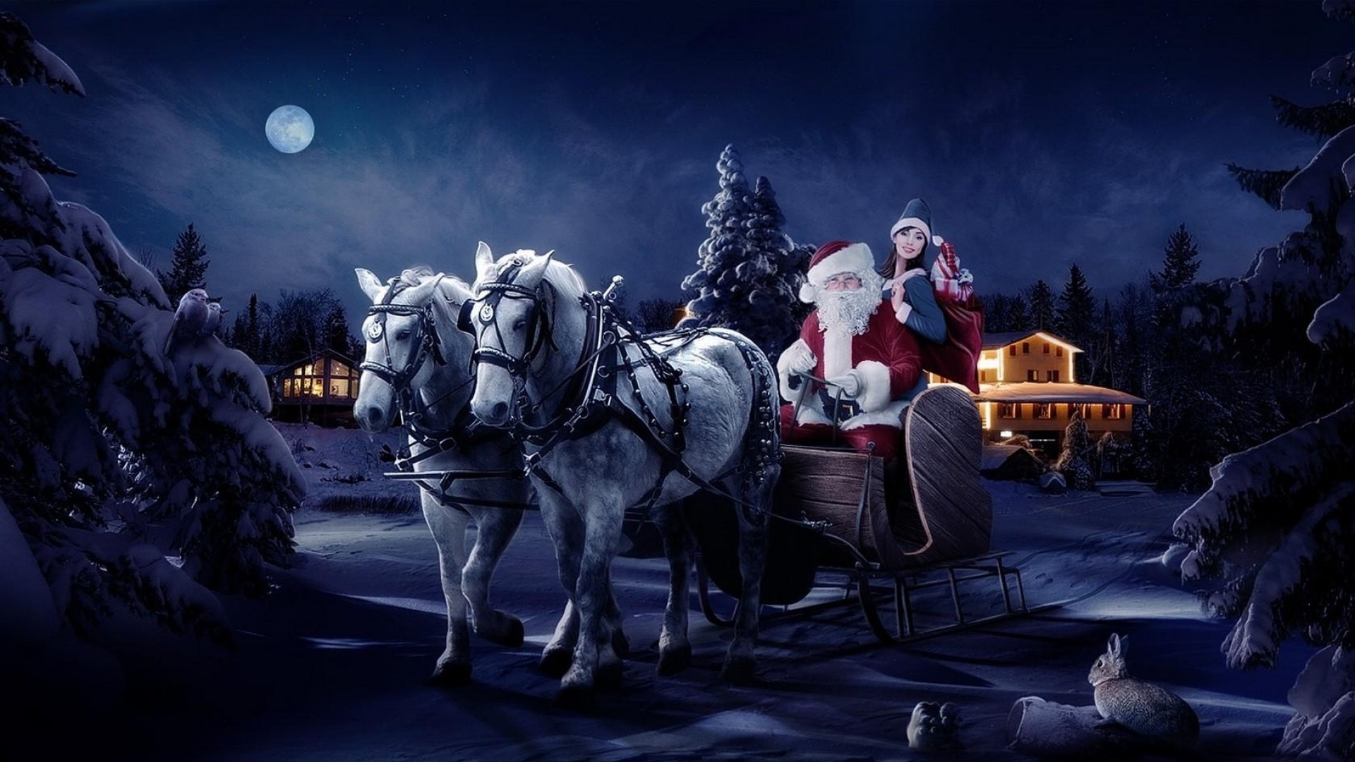 1920x1080 Preview wallpaper santa claus, sleigh, girl, horse, tree, night, christmas