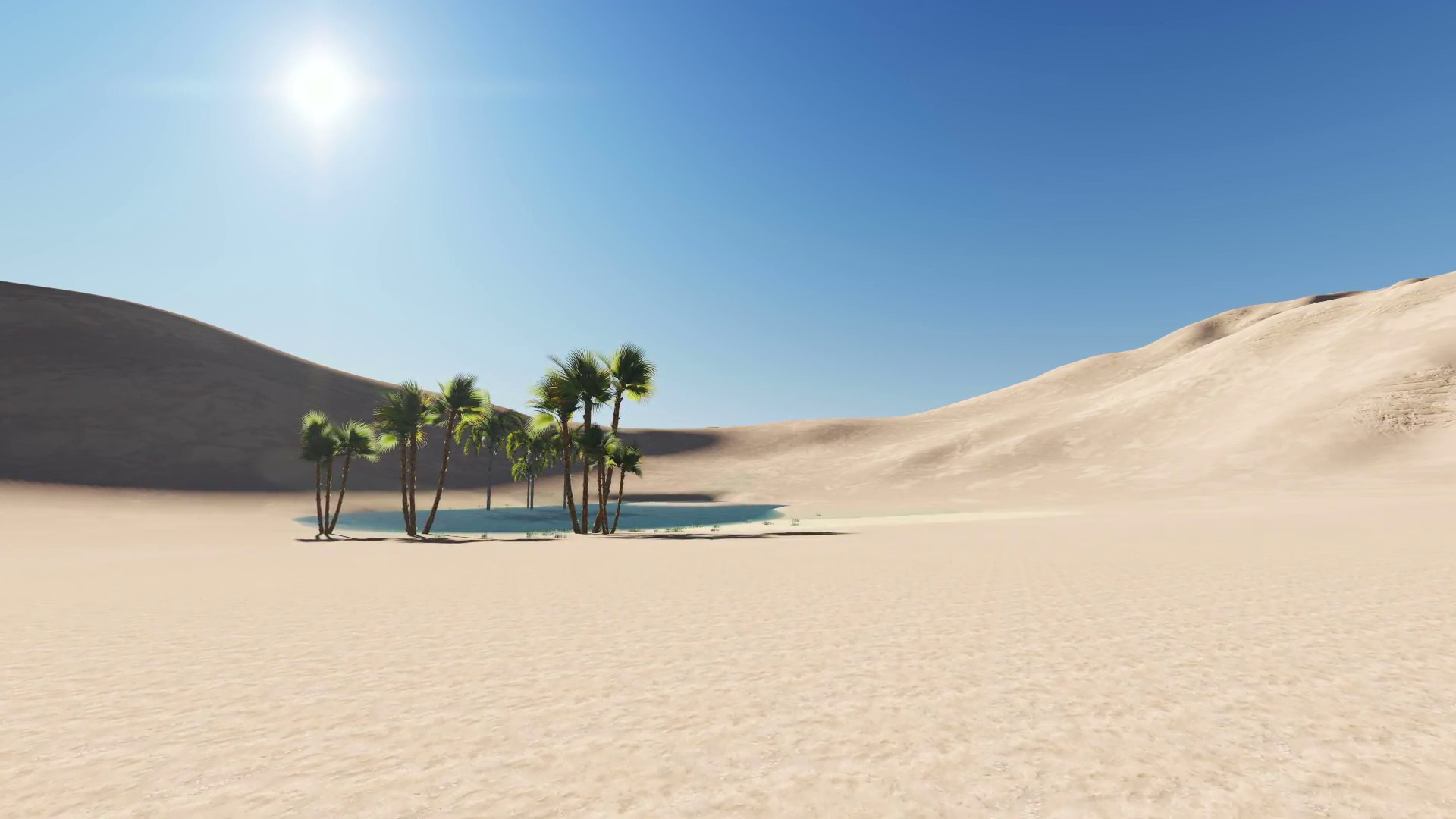 1920x1080 3d animation - oasis in a desert, dark blue clear water surrounded by palm  trees and sand dunes in the background Motion Background - Storyblocks Video