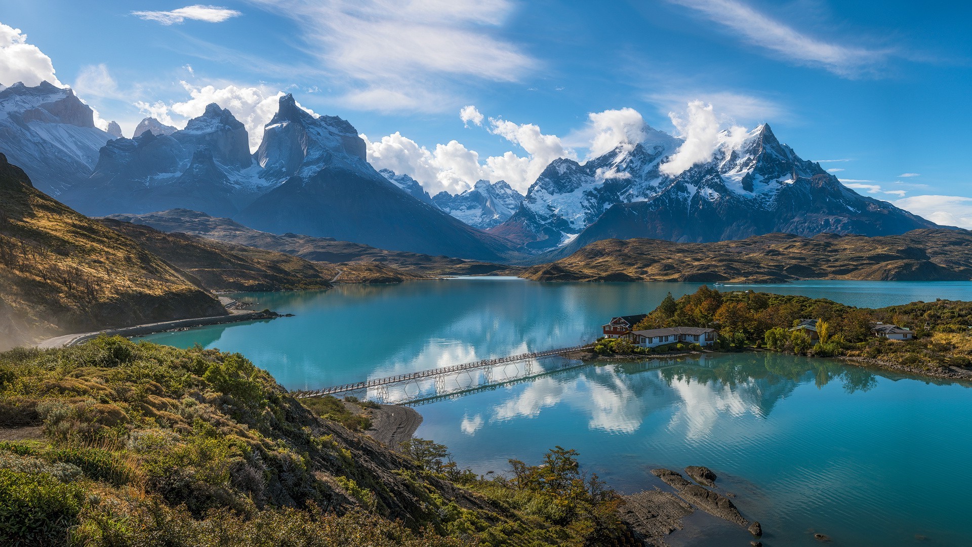1920x1080 Torres Del Paine, Patagonia, Chile, Mountain, Lake, Shrubs, Road, Snowy  Peak, Clouds, Hotels, Bridge, Water, Blue, Turquoise, Nature, Landscape  Wallpapers ...