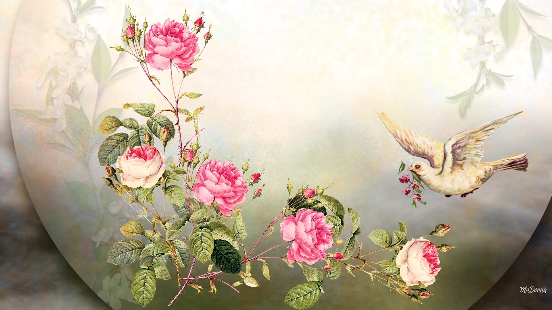 1920x1080 Bird Vintage Flowers Summer Spring Look Roses Time Flower Wallpaper Tablet  - 