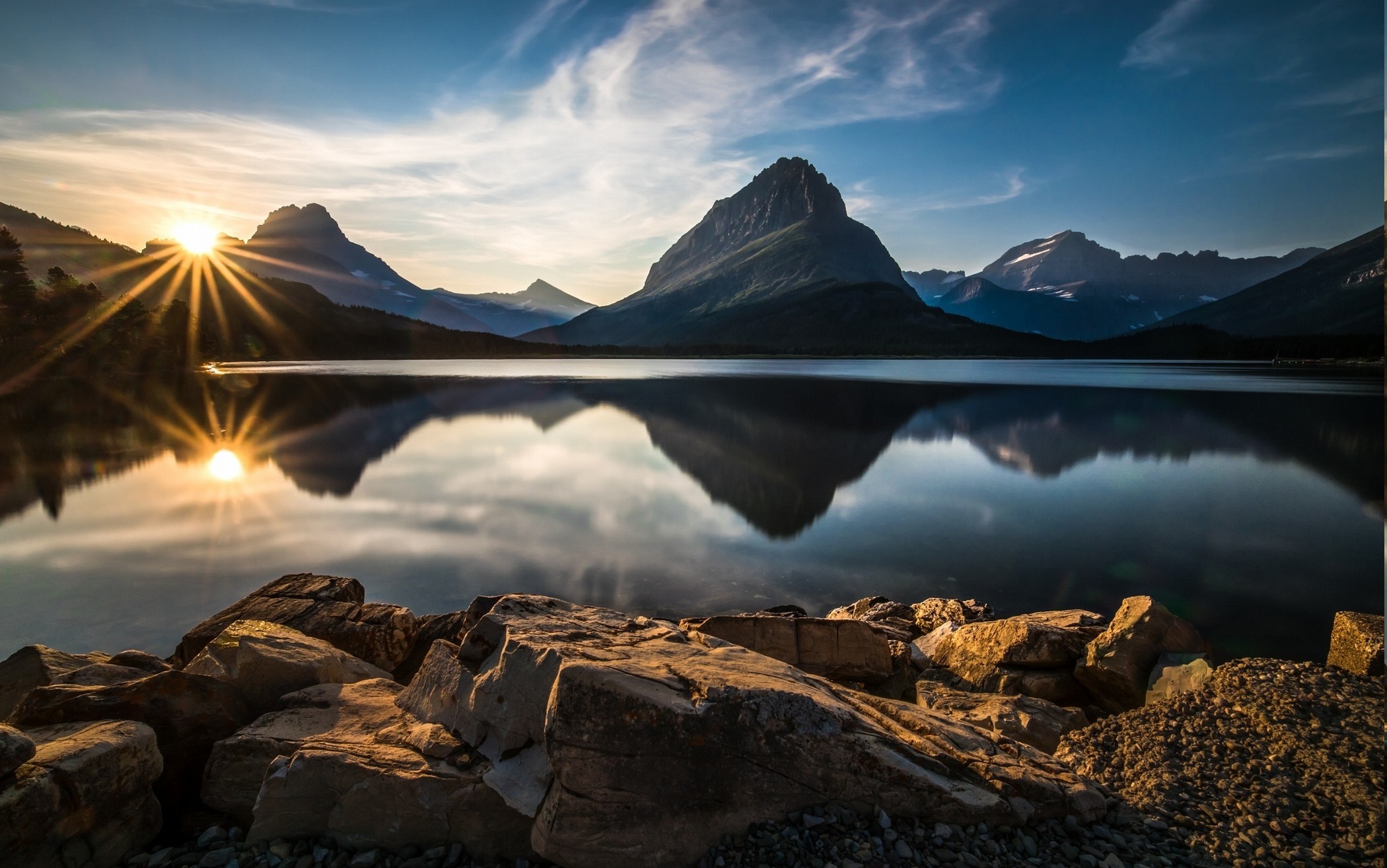 2100x1315 nature, Landscape, Glacier National Park, Lake, Reflection, Sunset,  Mountain, Sun Rays, Clouds, Water, Stones, National Park, Calm, Rock,  Valley Wallpapers ...