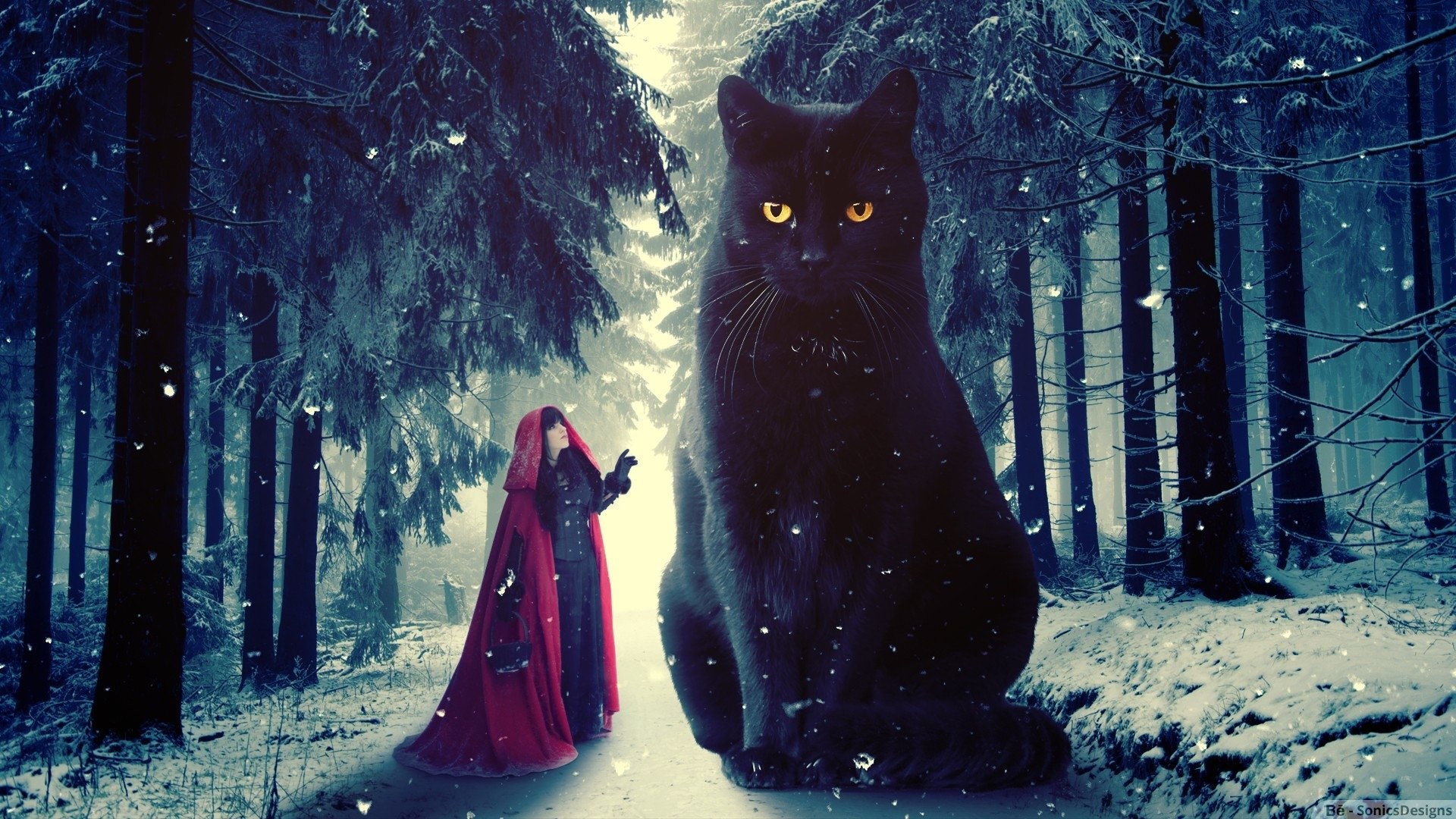 1920x1080 Fantasy - Red Riding Hood Artistic Giant Winter Snow Snowfall Cat Wallpaper