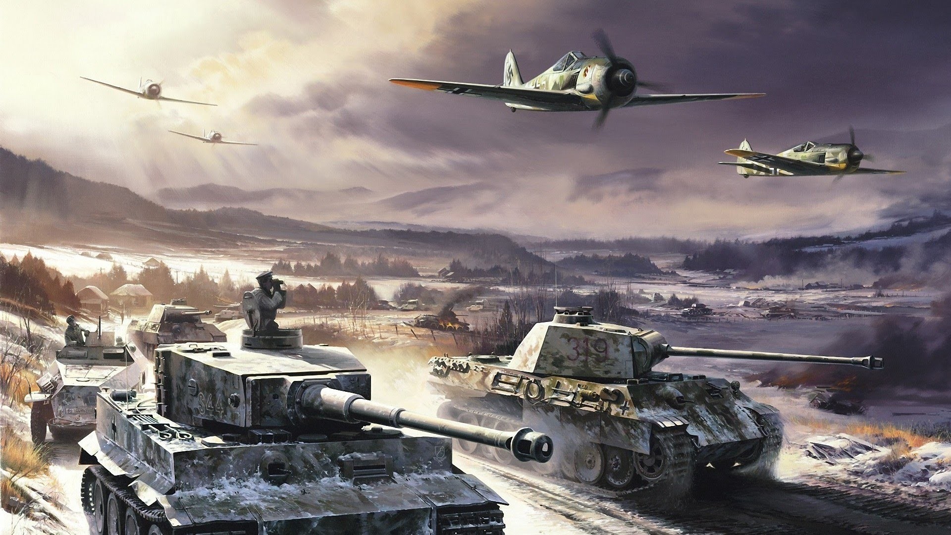1920x1080 Poster of Tiger, Panther, Sd.Kfz and Luftwaffe fighters going into battle.