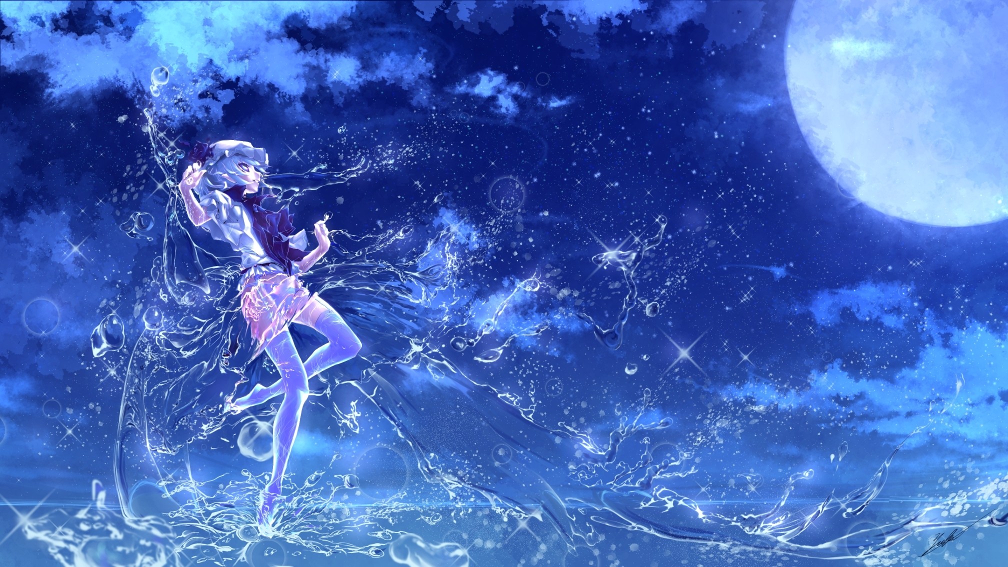 2016x1134 touhou, anime art, water girl, moon, glitter, background