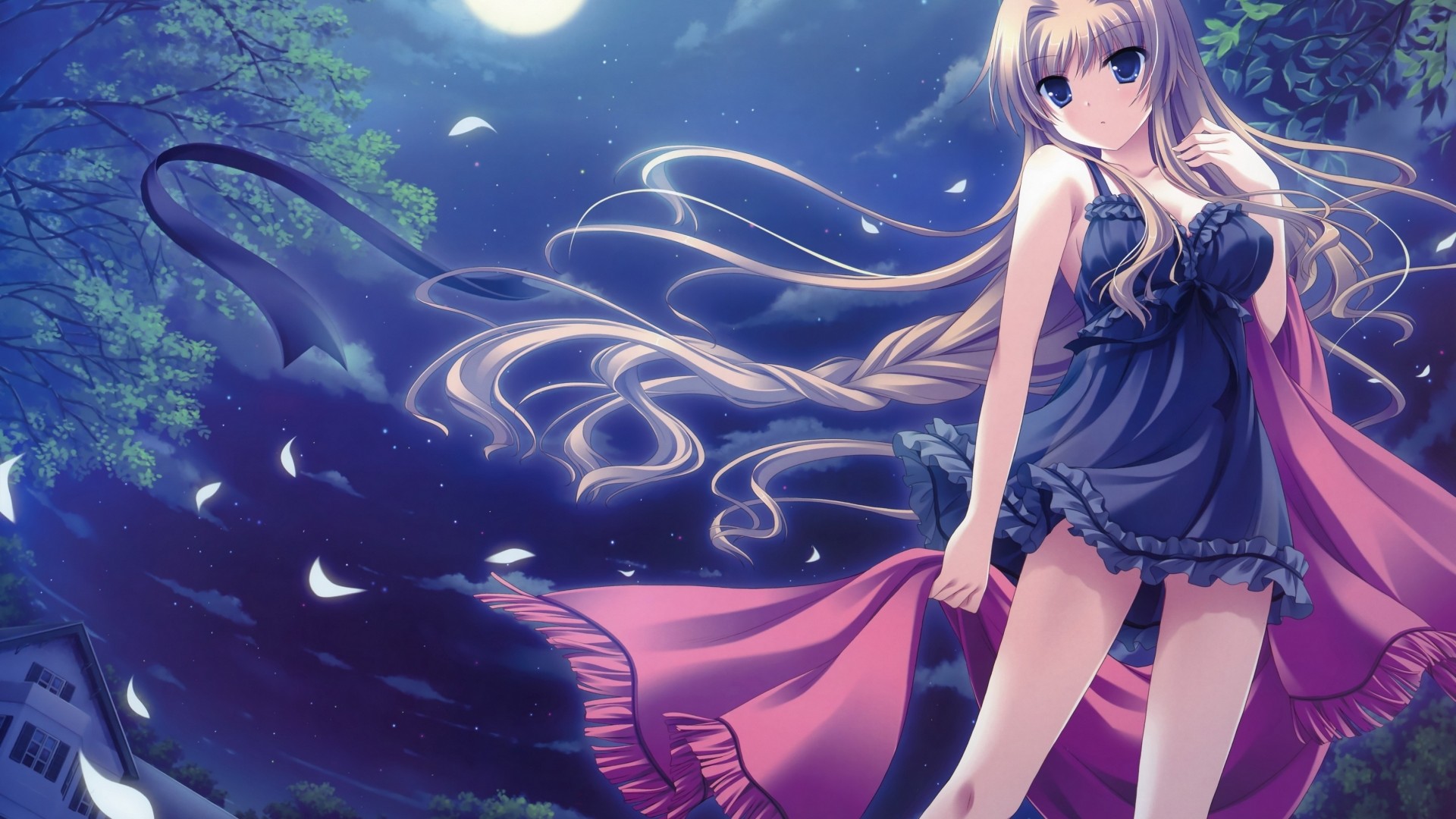 1920x1080 Download Girl Night Moon Petals Dress Superb Badass Anime Wallpaper In Many  Resolutions