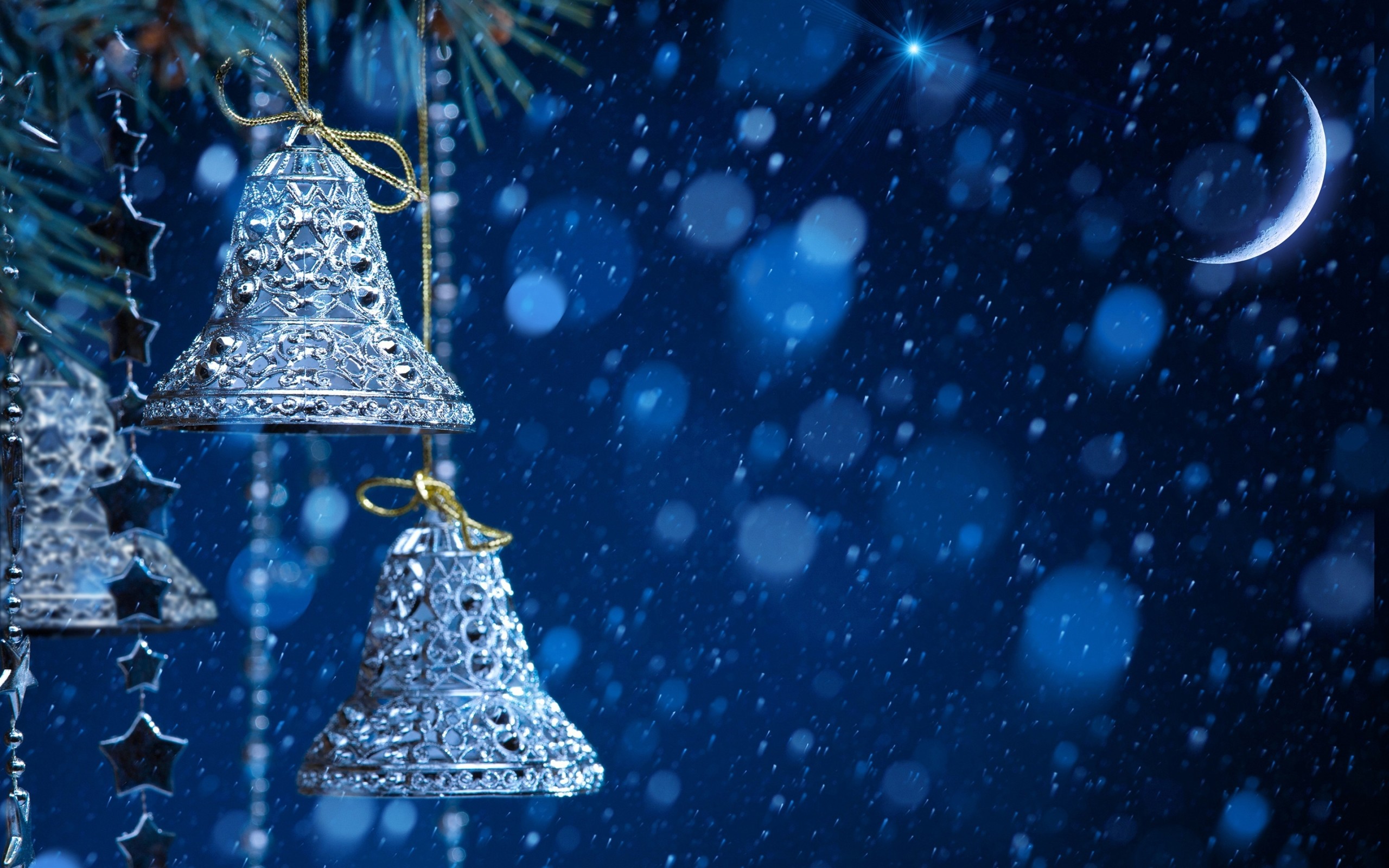 2560x1600 Winter Night, Christmas Bells, Snow, Moon wallpaper