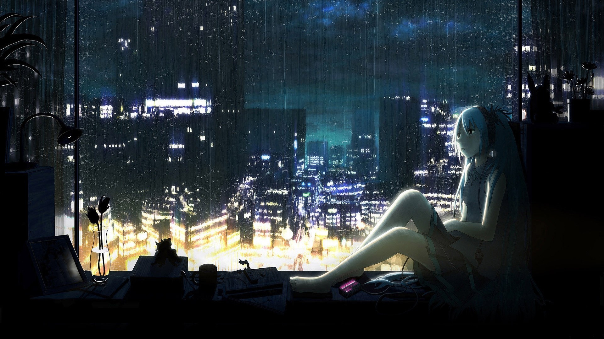 1920x1080 Anime Girls Barefoot Books Cityscapes Clouds Cups Dark Flowers Hatsune Miku  Headphones Lamps Lights Long Hair Mp3 Player Night Rain Skyscapes Vase  Vocaloid ...
