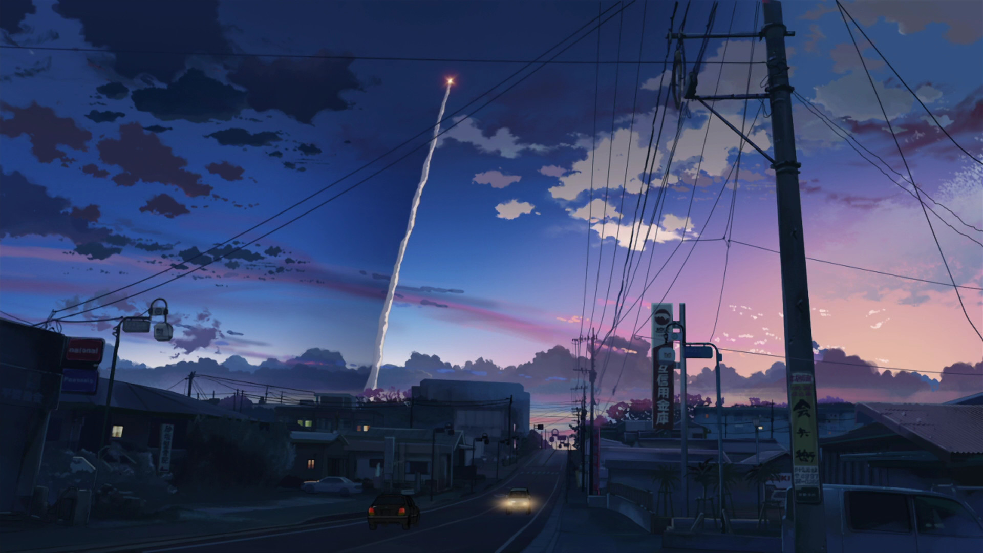 1920x1080 night,Makoto Shinkai night makoto shinkai roads power lines 5 centimeters  per second vehicles anime contrails – Night Wallpaper – Desktop Wallpaper
