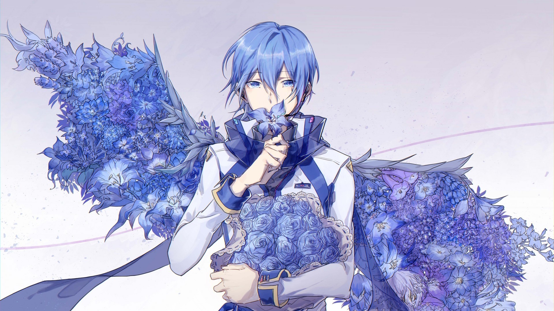 1920x1080 Kaito, Blue Flowers, Wings, Vocaloid, Blue Hair