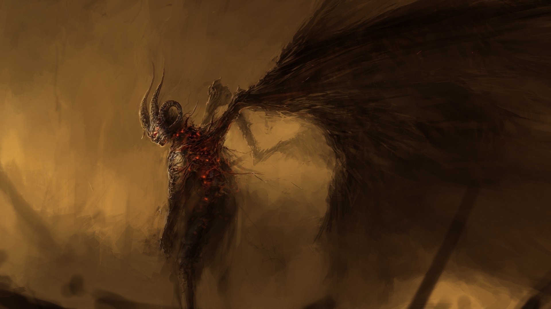 1920x1080 Artwork Dark Demons Devil Fantasy Art Fire Hell Horns King Satan Smiling  Smoke Soul Wings