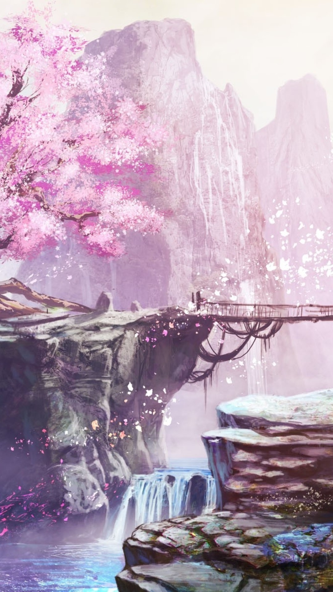 1080x1920 Anime Landscape, Cherry Blossom, Bridge, Waterfall, Anime Girl, Nature