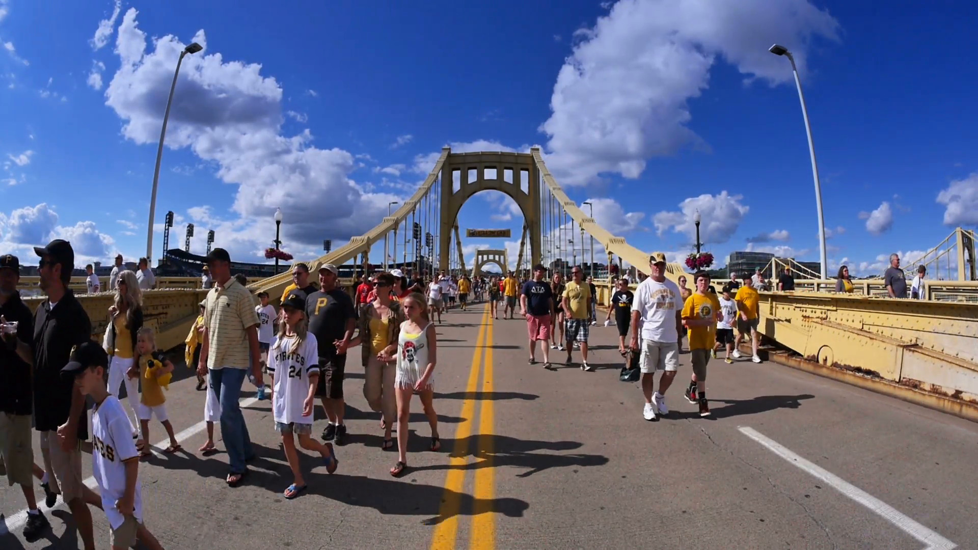 1920x1080 Pittsburgh Pirates fans walk over the Roberto Clemente Bridge after a game  at PNC Park. Stock Video Footage - VideoBlocks