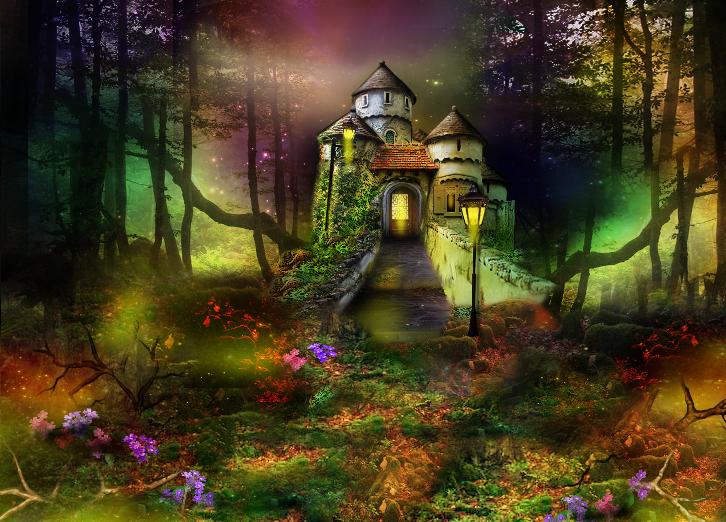 2500x1800 Fantasy - Artistic Fantasy Castle Forest Lantern Flower Wallpaper