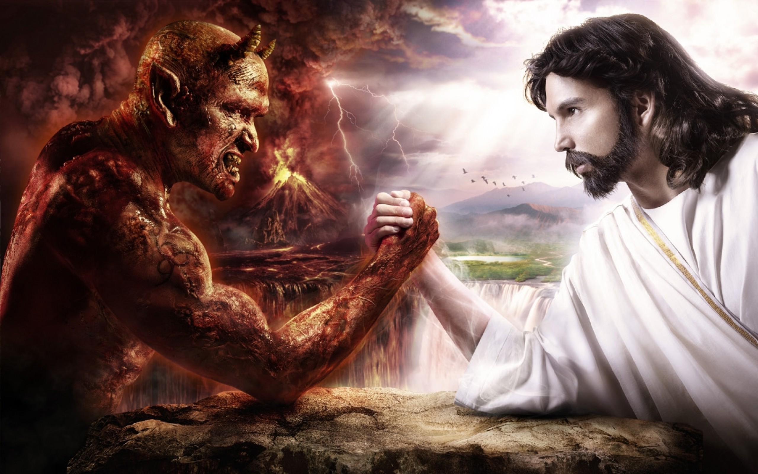 2560x1600 devil arm fantasy art jesus christ chuck norris satan heaven and hell  1366x768 wallpaper Wallpaper HD