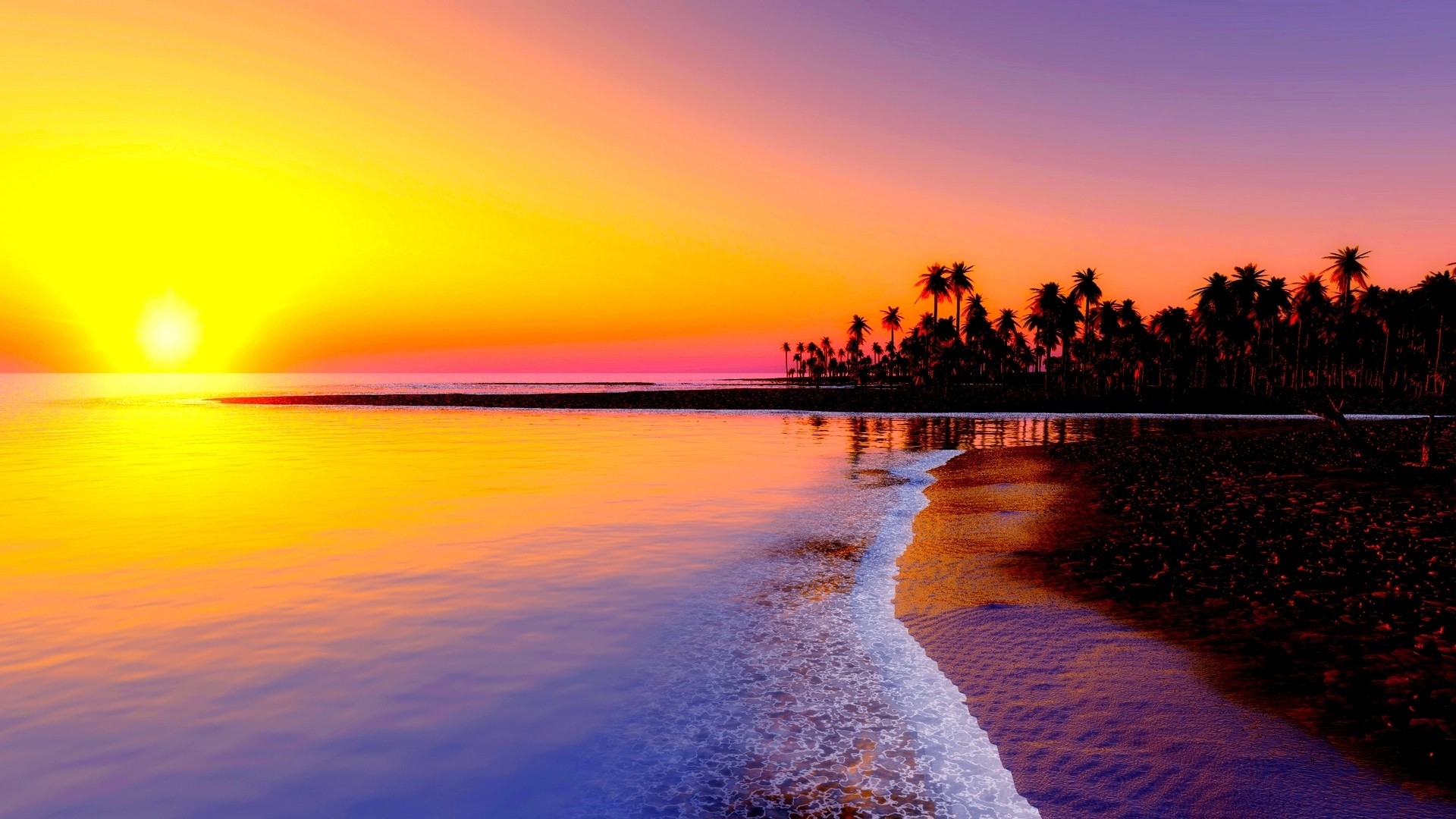 1920x1080  Wallpaper beach, tropics, sea, sand, palm trees, sunset