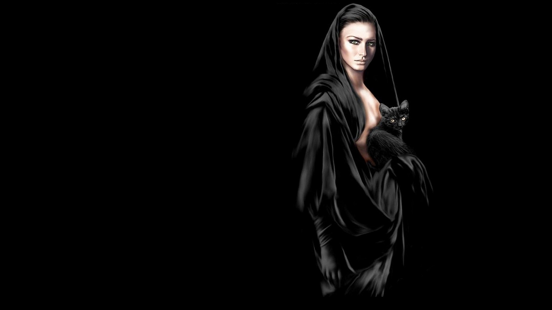 1920x1080 Witch, 3d art, black, brunette, cat, girl, sexy, witch