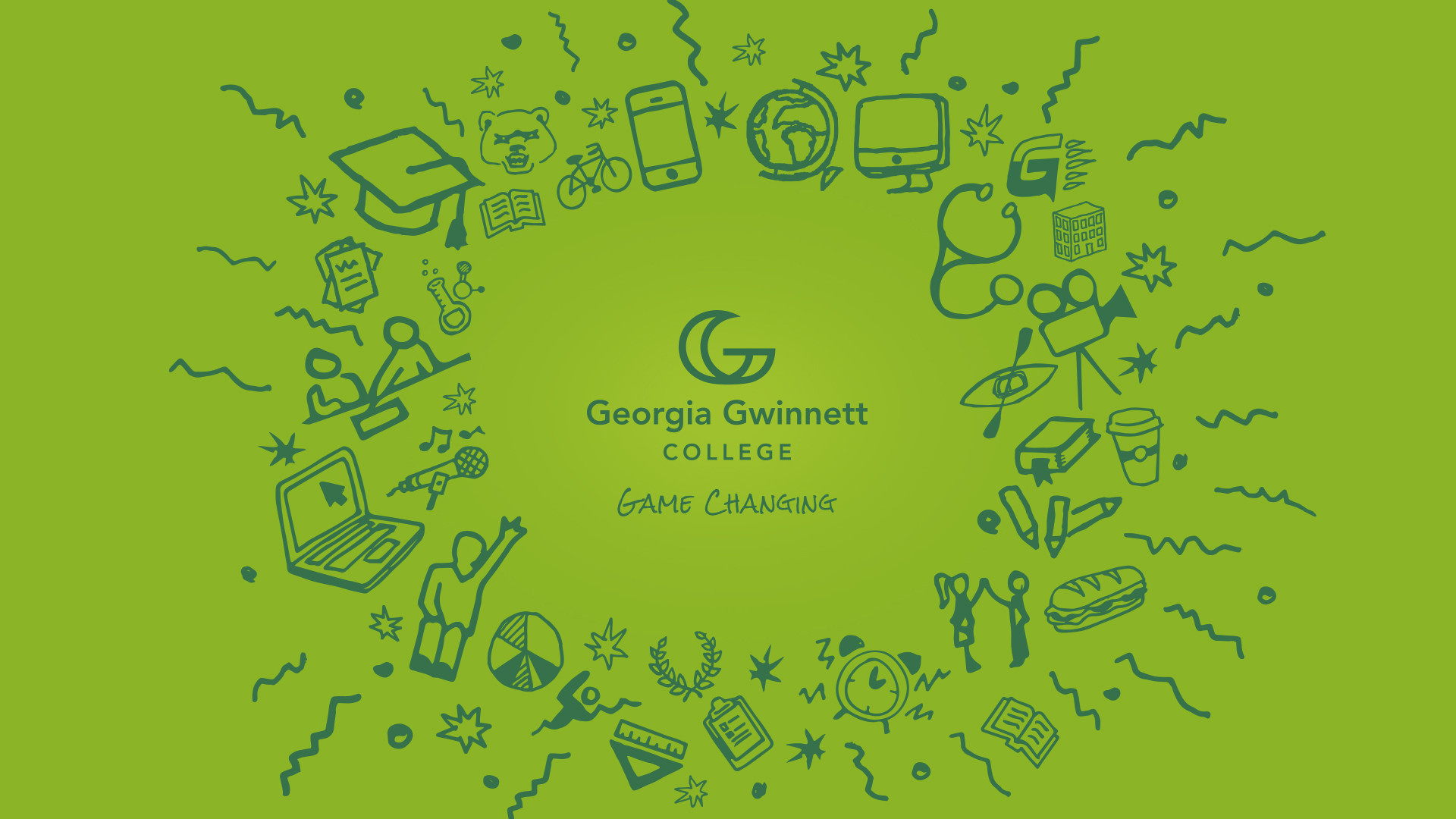 1920x1080 GGC Electronic Wallpaper image. Georgia Gwinnett College Game Changing on  light green background surrounded by circle of doodles