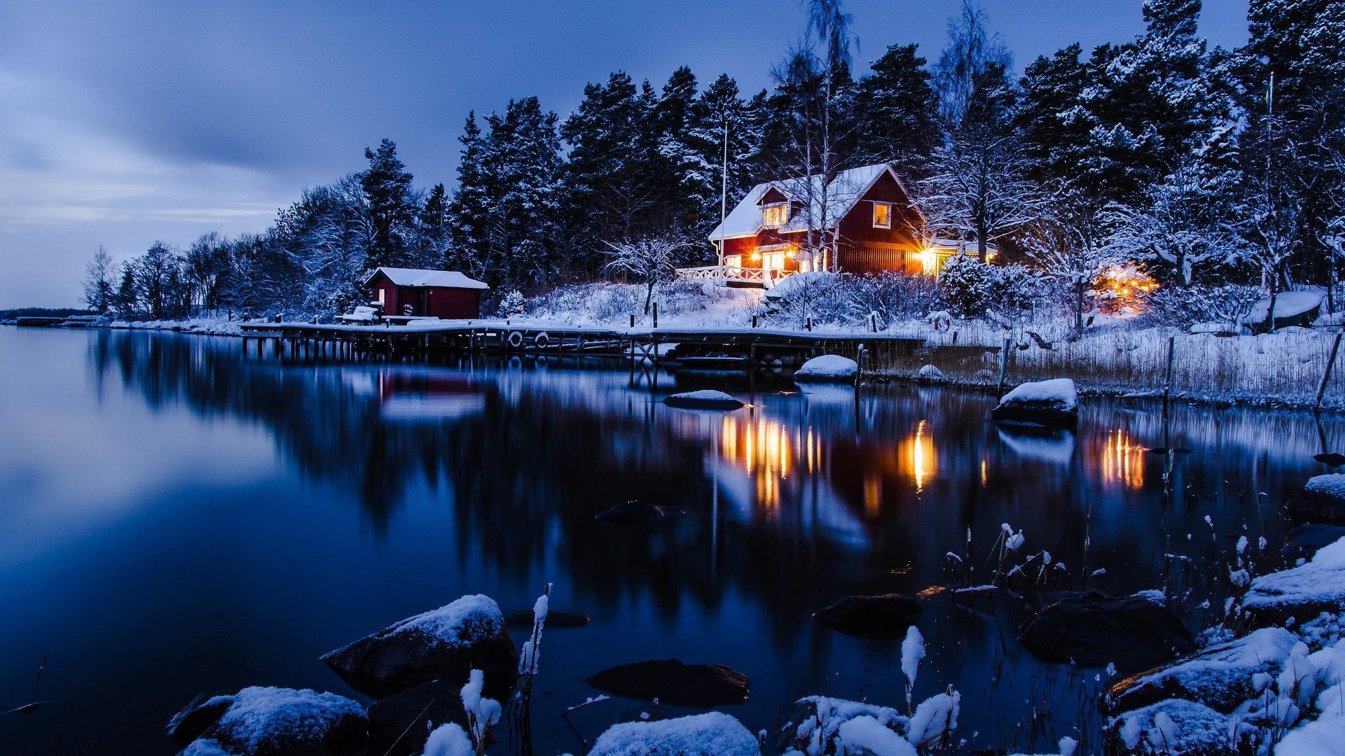 1920x1080 North Tag - North Scene Lights Sweden Landscape Reflection Lake Forest  Winter Norway Warm House Snow