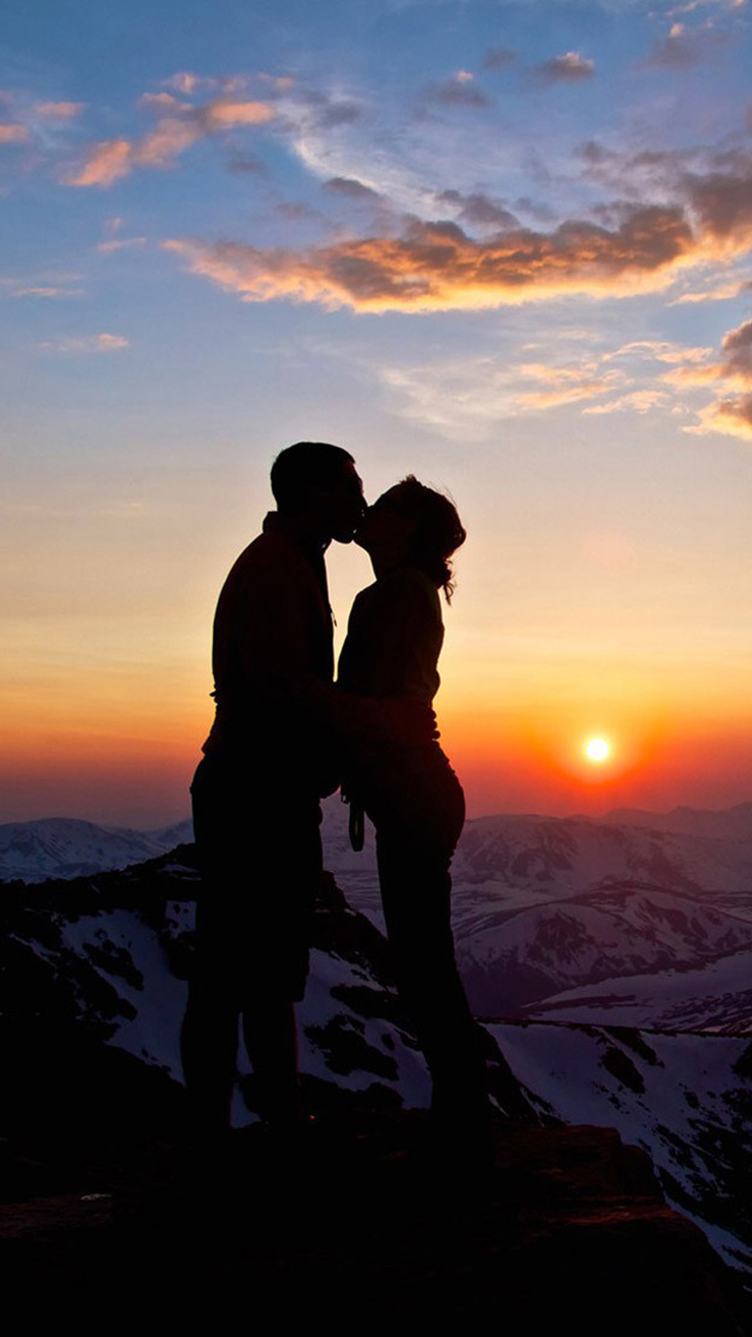 1080x1920 Lover Couple Sunset Snowy Mountain Top Outlines #iPhone #6 #plus #wallpaper