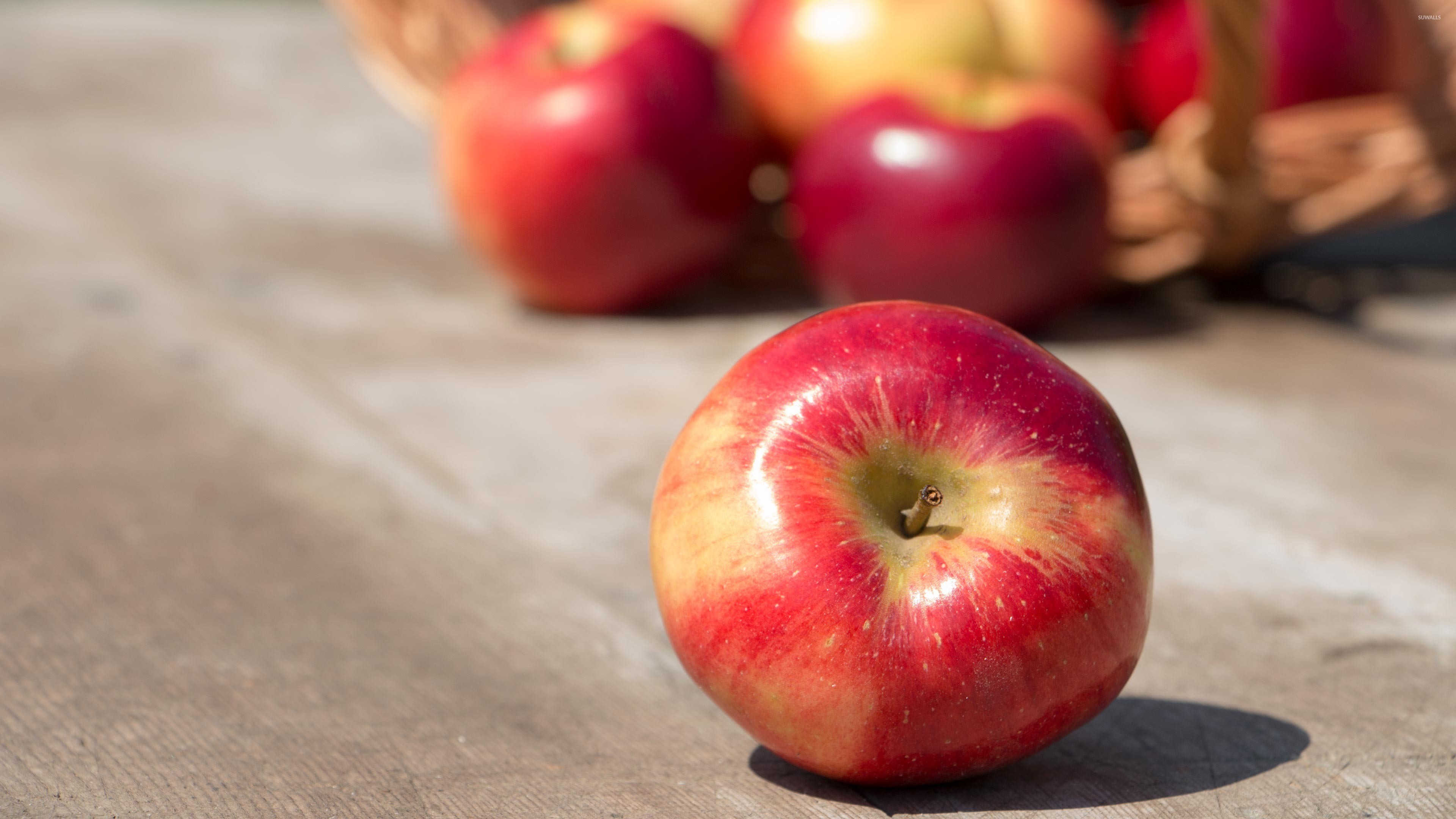 3840x2160 Red shiny apple on a wooden table wallpaper  jpg