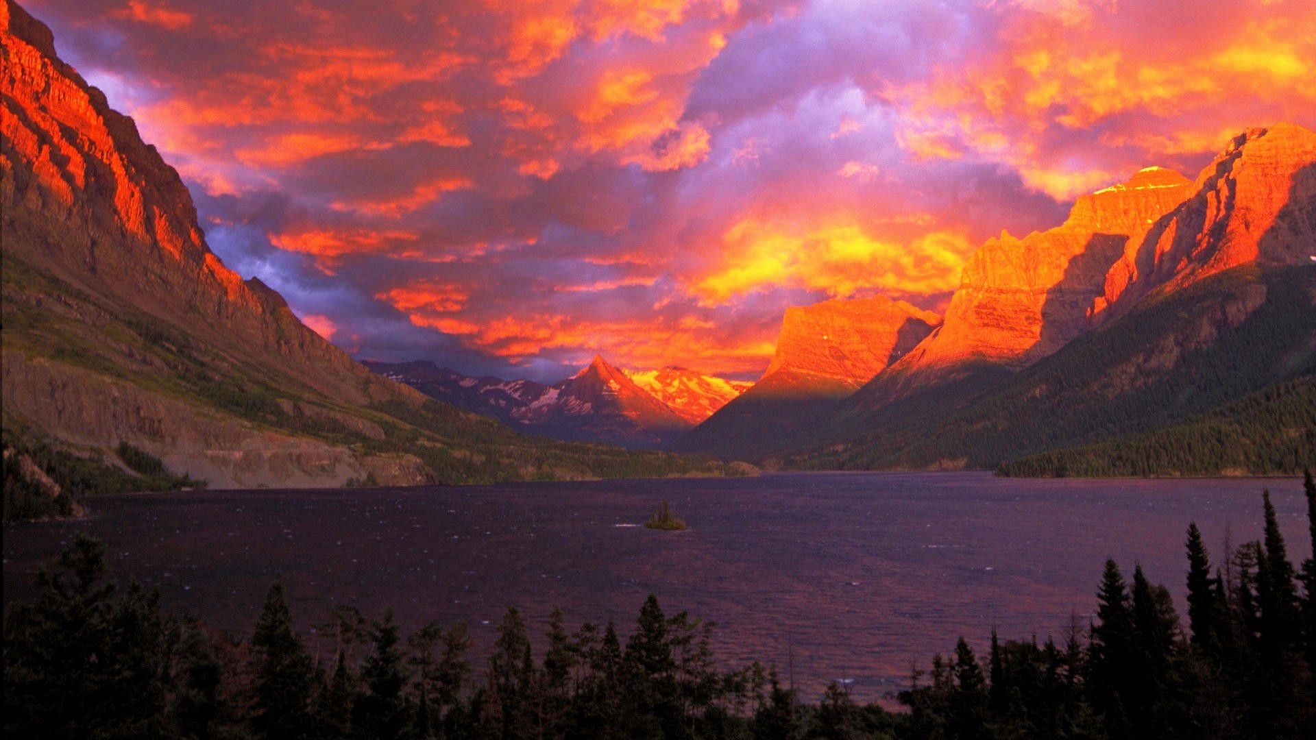 1920x1080 Glacier National Park Alberta Canada Sunset Lake Clouds Sky Mountains Hd  New Wallpapers - 