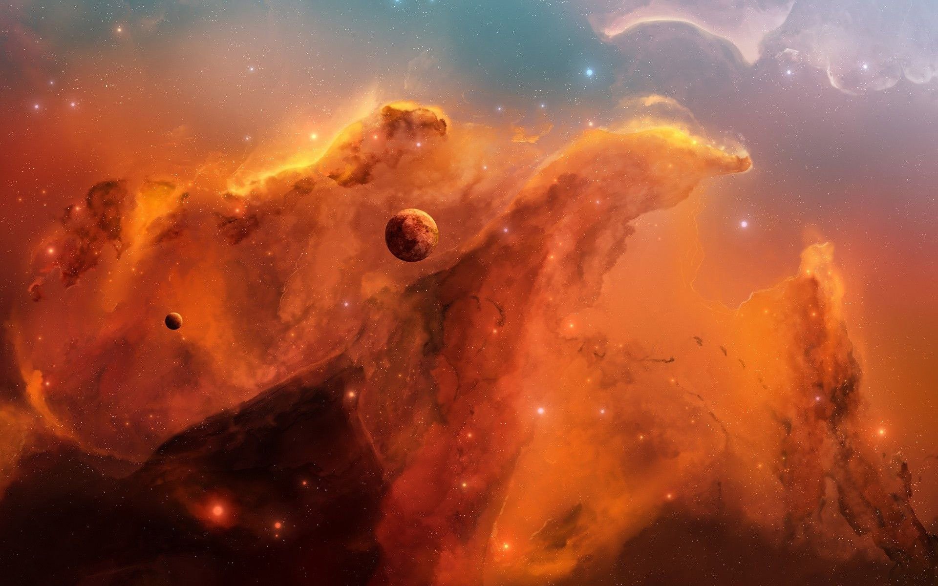 1920x1200 Planets And Orange Nebula Wallpaper