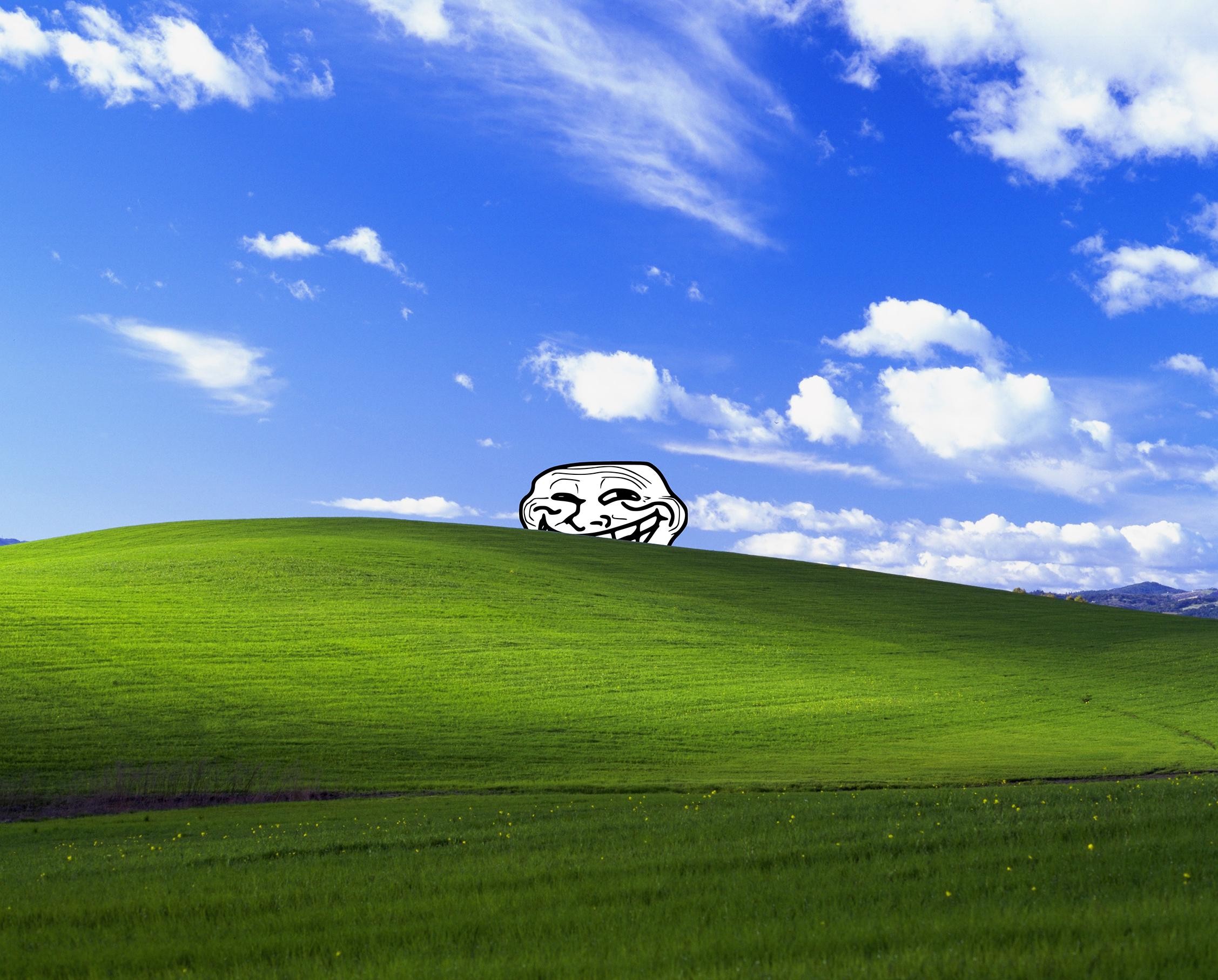2255x1814 Troll face peeking out from behind the old Bliss wallpaper hill []  ...