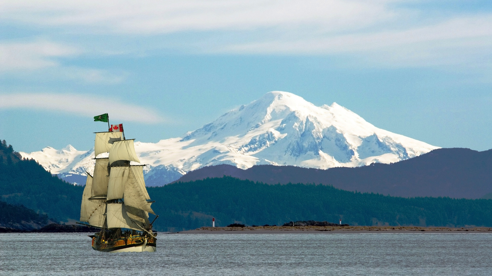 1920x1080 Mount Baker and Sidney Island Are a Backdrop to the Tall Ship Lady  Washington Sailing Off Saanich Peninsula on Vancouver Island, British  Columbia, Canada