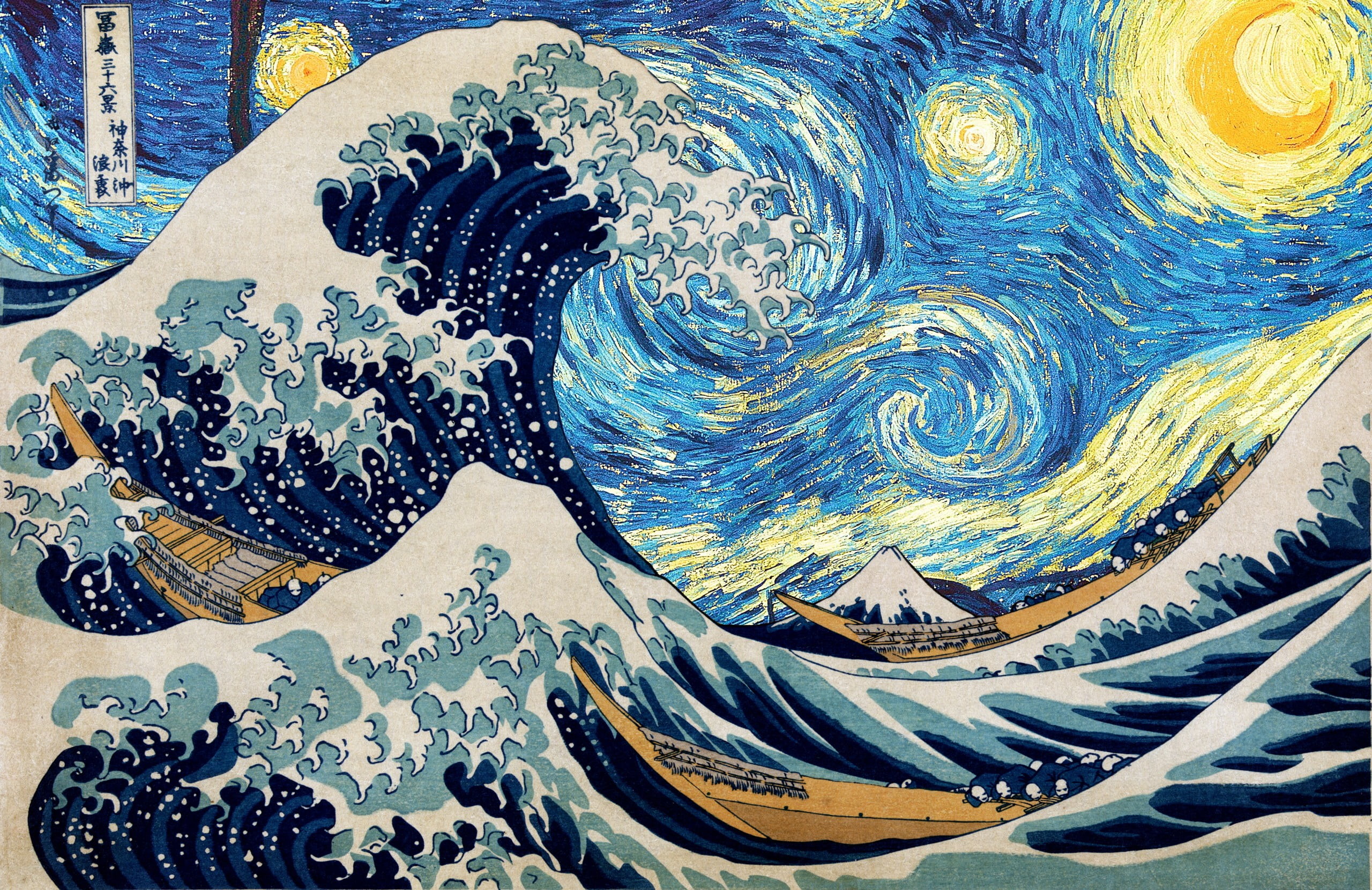 2560x1660 Great Waves of Kanagawa painting, Hokusai, starry night, Vincent van Gogh,  The