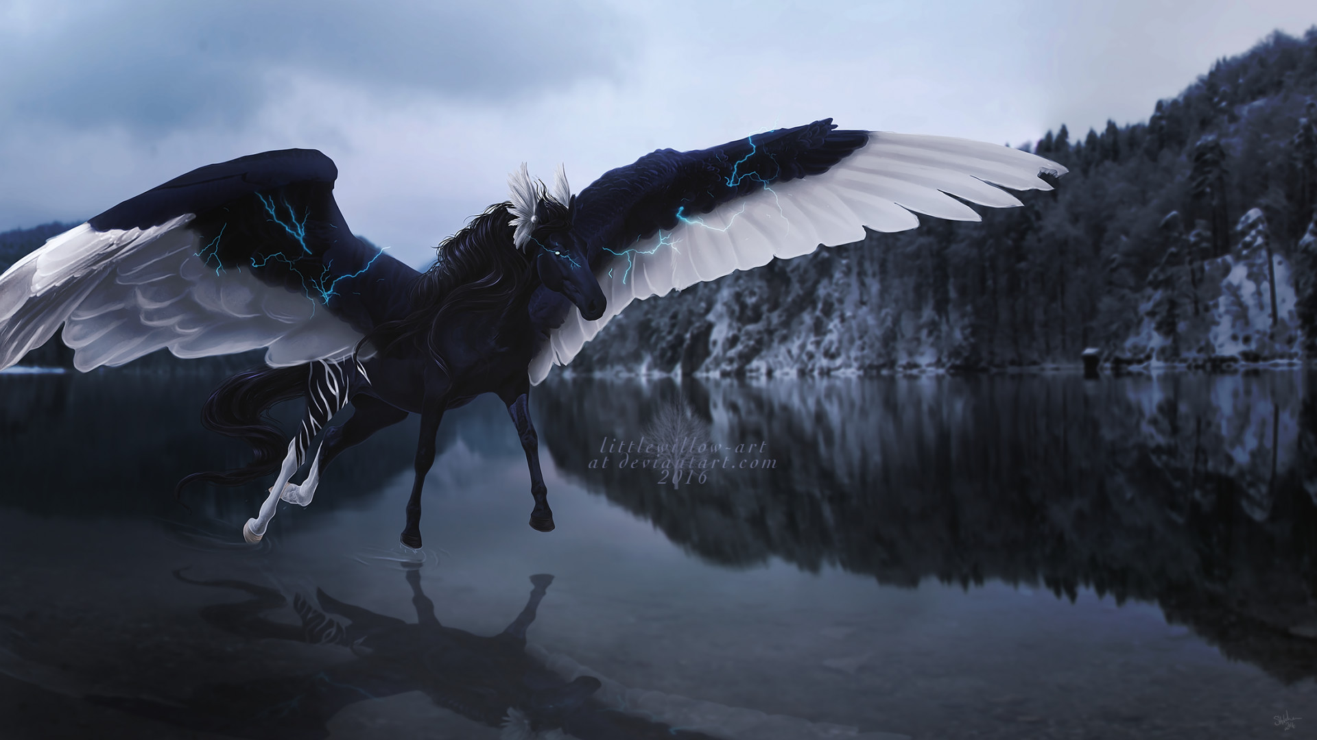 1920x1080 Black Pegasus, Lightning, Water