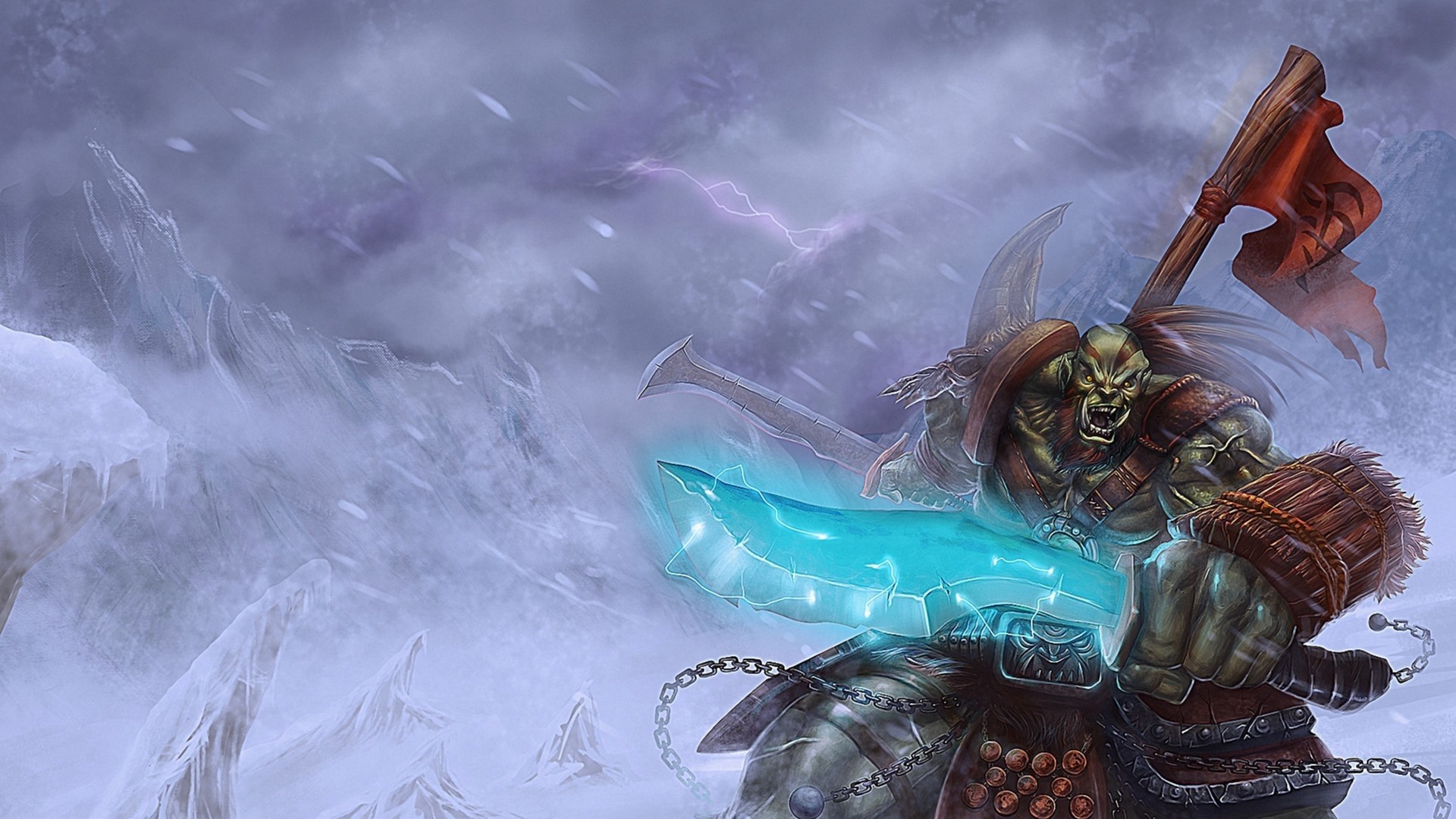 1920x1080 Preview wallpaper world of warcraft, orc, banner, snow, sword 