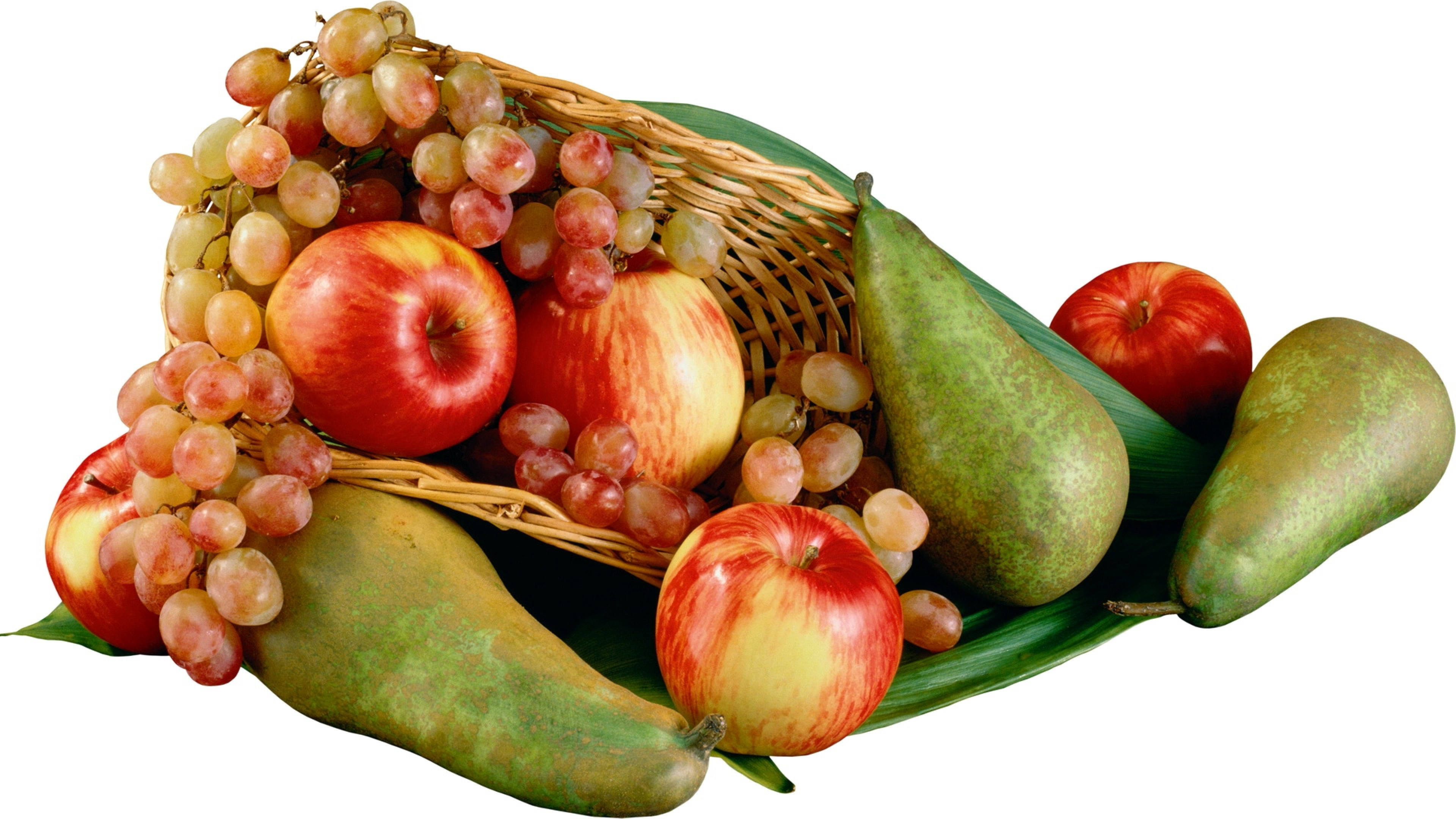 3840x2160  Wallpaper pears, apples, grapes, fruit, basket