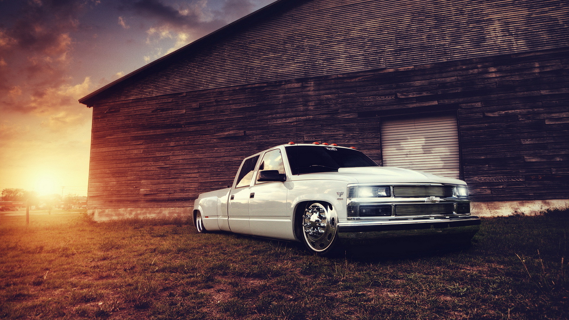 1920x1080 Chevrolet truck tuning white building lowrider sunset wallpaper |   | 73203 | WallpaperUP