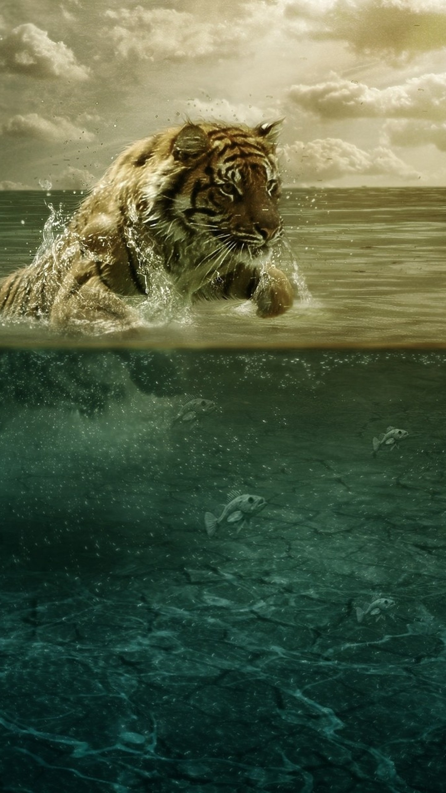 1440x2560 Preview wallpaper tiger, jump, sea, underwater, hunting 