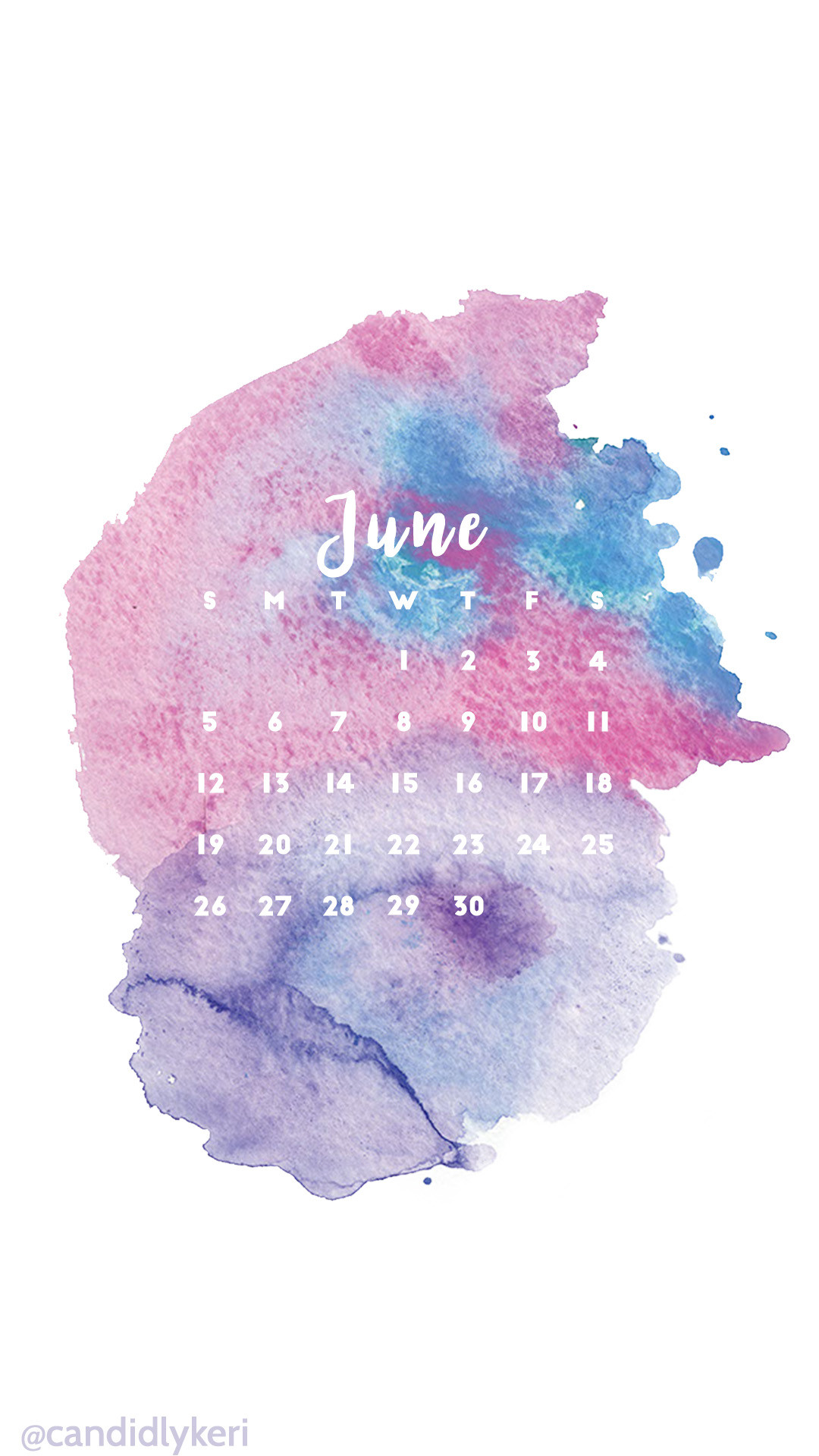 1080x1920 Blue purple pink watercolor June 2016 calendar wallpaper free download for  iPhone android or desktop background