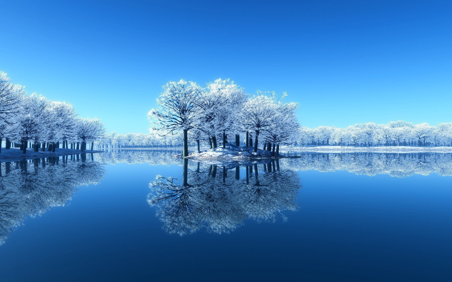 1920x1200 Beautiful winter HD wallpaper with a white winter landscape with a lake and  a little island, and trees with cold white snow.