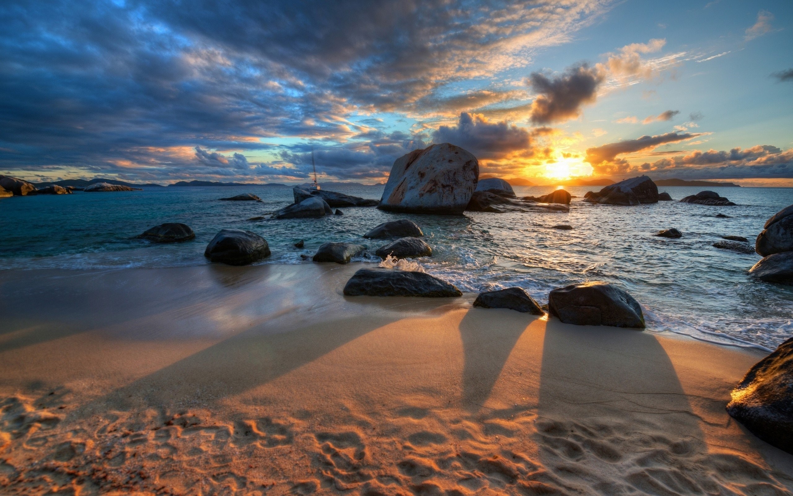 2560x1600 Nature Sunset Sea Clouds Beaches Stones Shadows HDR