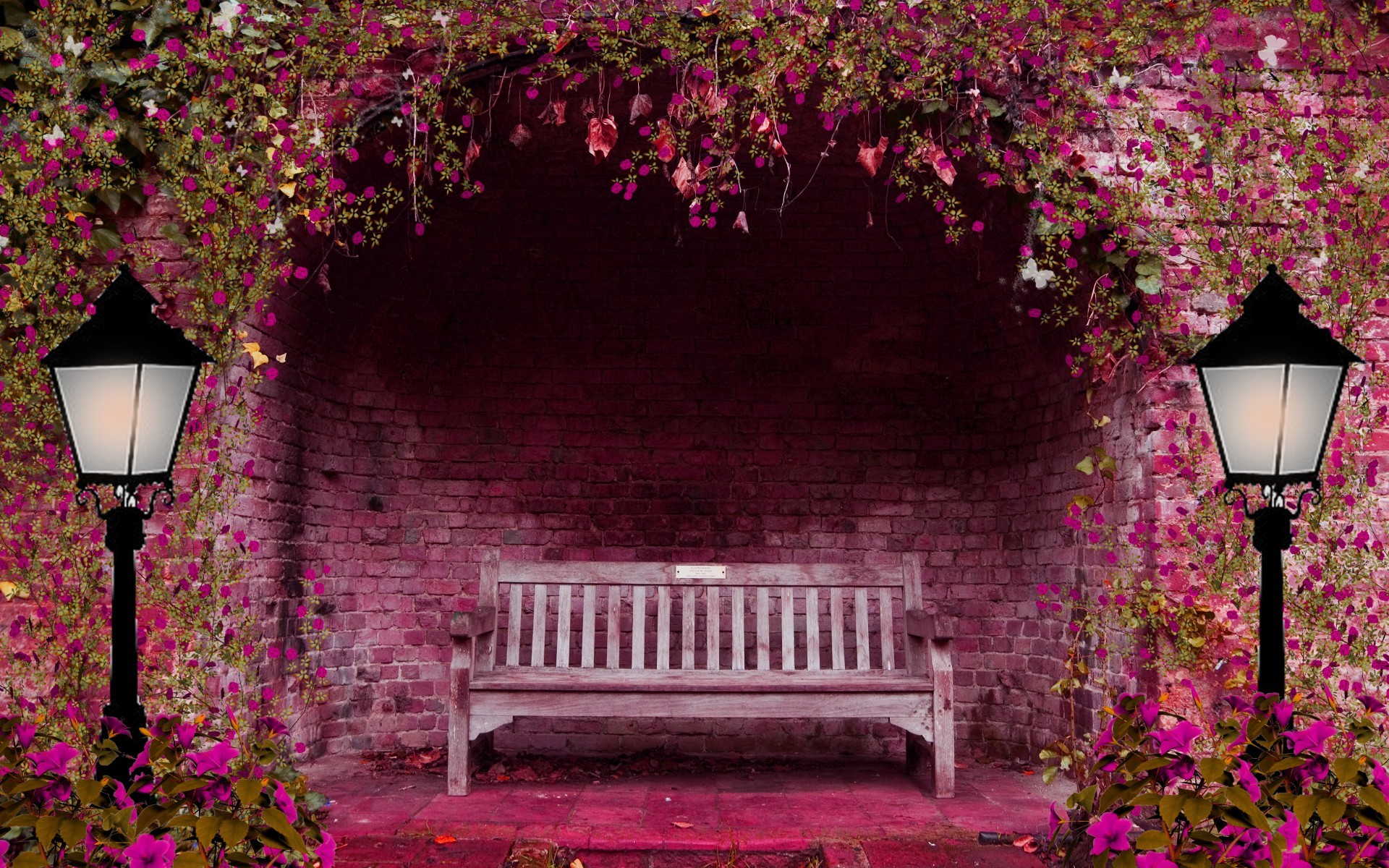 1920x1200 Spring Garden Flowers Arch Bench Lights Wallpaper  768x480