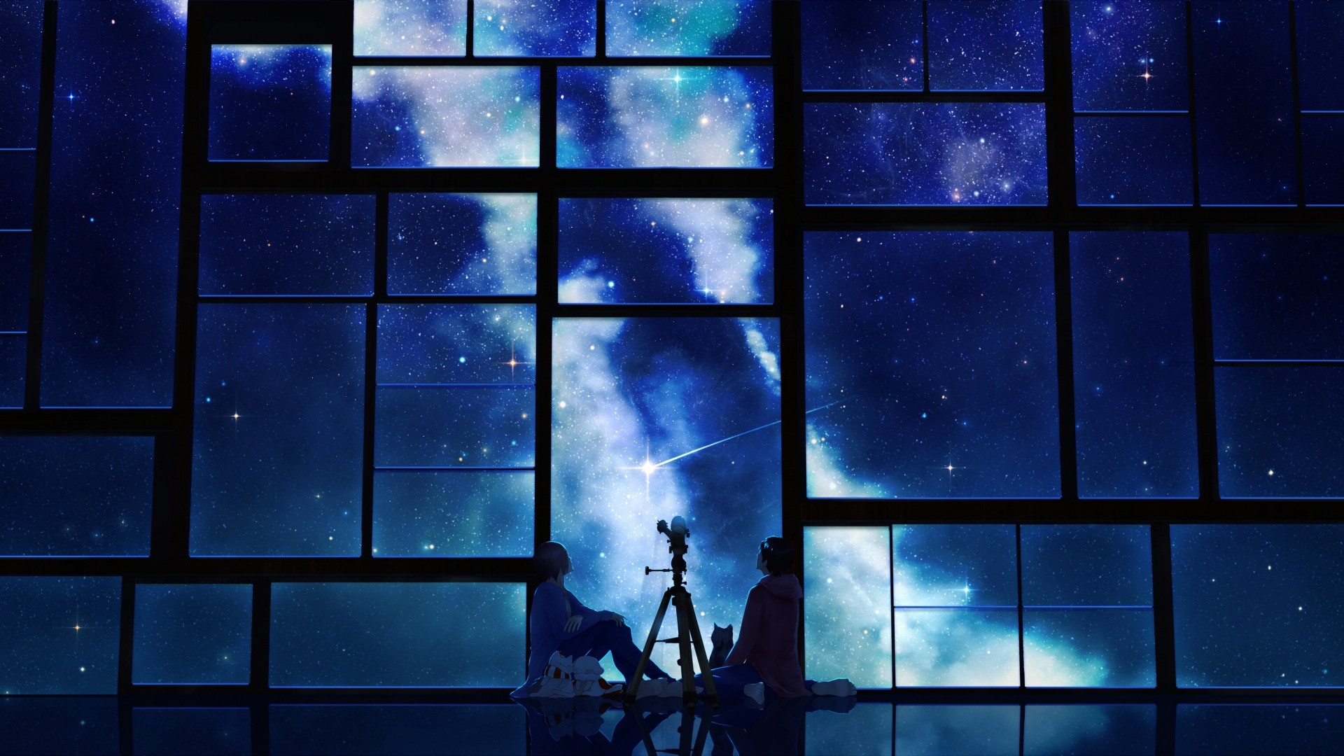 1920x1080 Preview wallpaper tamagosho, sky, stars, telescope, night, window 