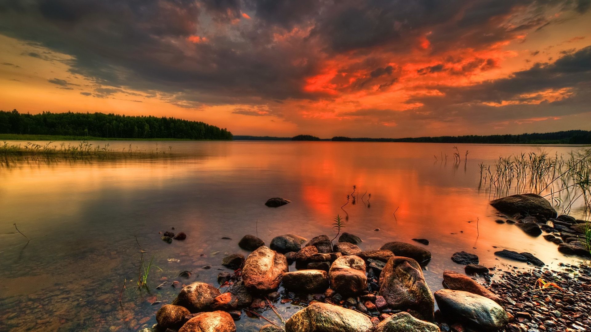 1920x1080 Stones Tag - Red Shore Amazing Beach Reflection Quiet Sky Sunset Nice  Beautiful Mirrored Calm Stones