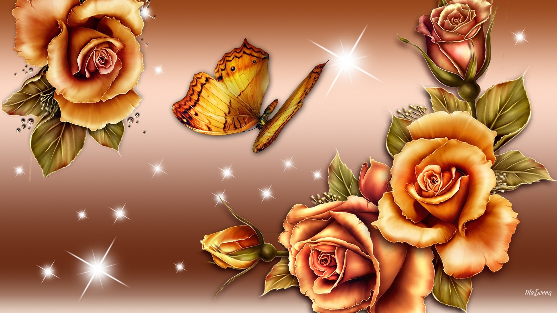 1920x1080 Gradient Tag - Butterfly Gold Shine Glow Roses Bronze Gradient Beautirful  Golden Lovely Nice Flower Hd