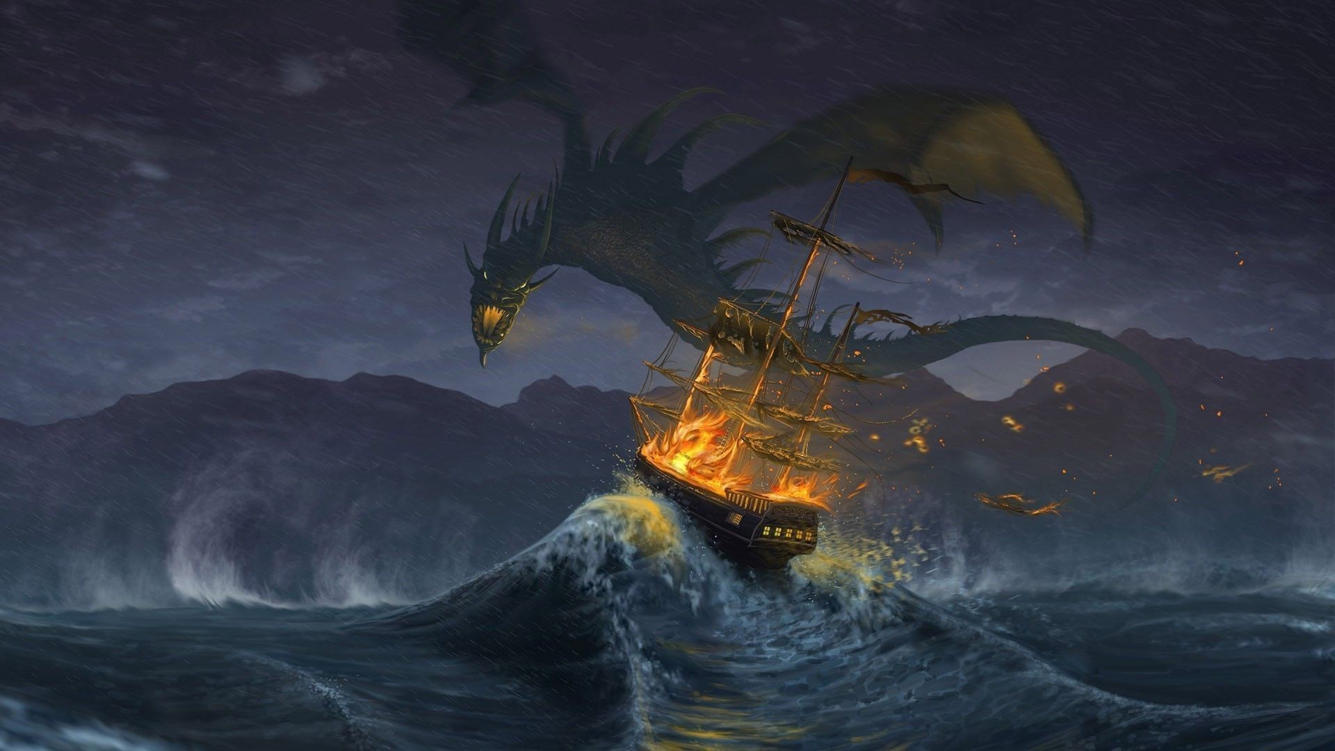 1920x1080 Flaming ship and the dragon, fire, flame, sea, fantasy,  .