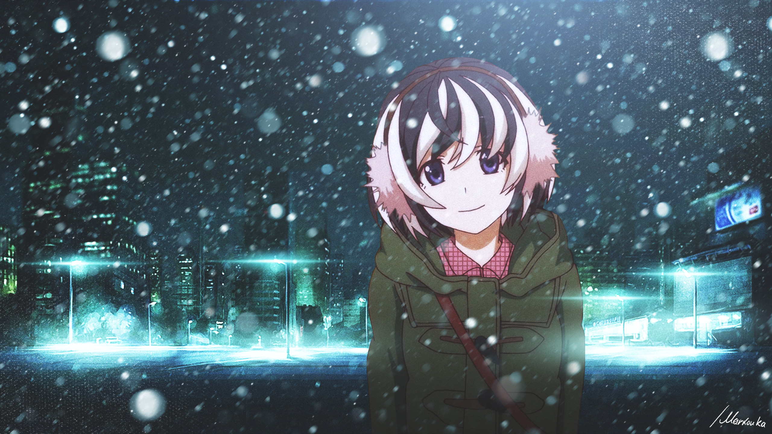 2560x1440 ... Monogatari Series, Hanekawa Tsubasa, Winter, Night, City, Snow .