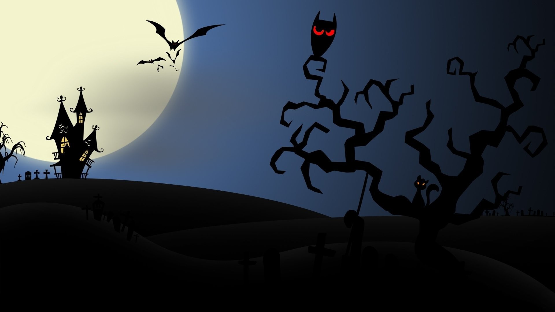 1920x1080 halloween creepy scary horror bats house owl full moon midnight vector art  evil cat halloween creepy