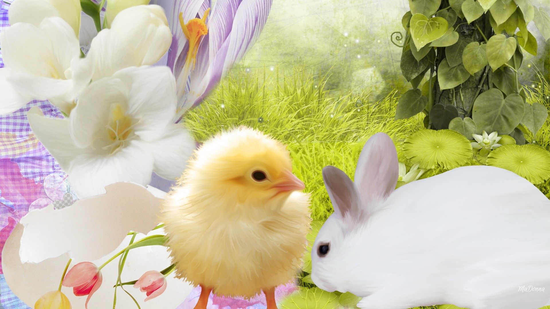 1920x1080 bunny_chick_easter_rabbit_chicken_grass_hd-wallpapers