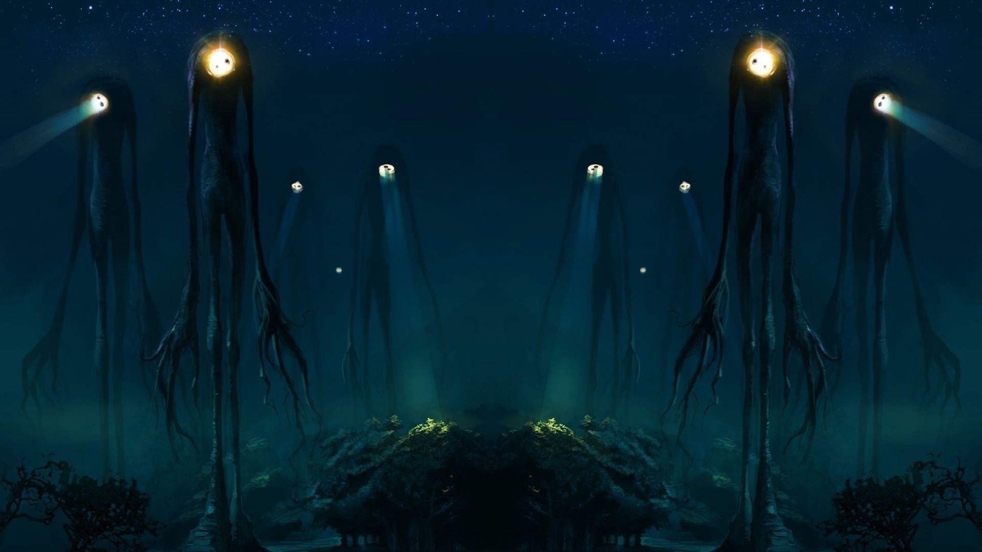 1920x1080 trees creatures spotlight slender man aliens ambient  wallpaper  Art HD Wallpaper