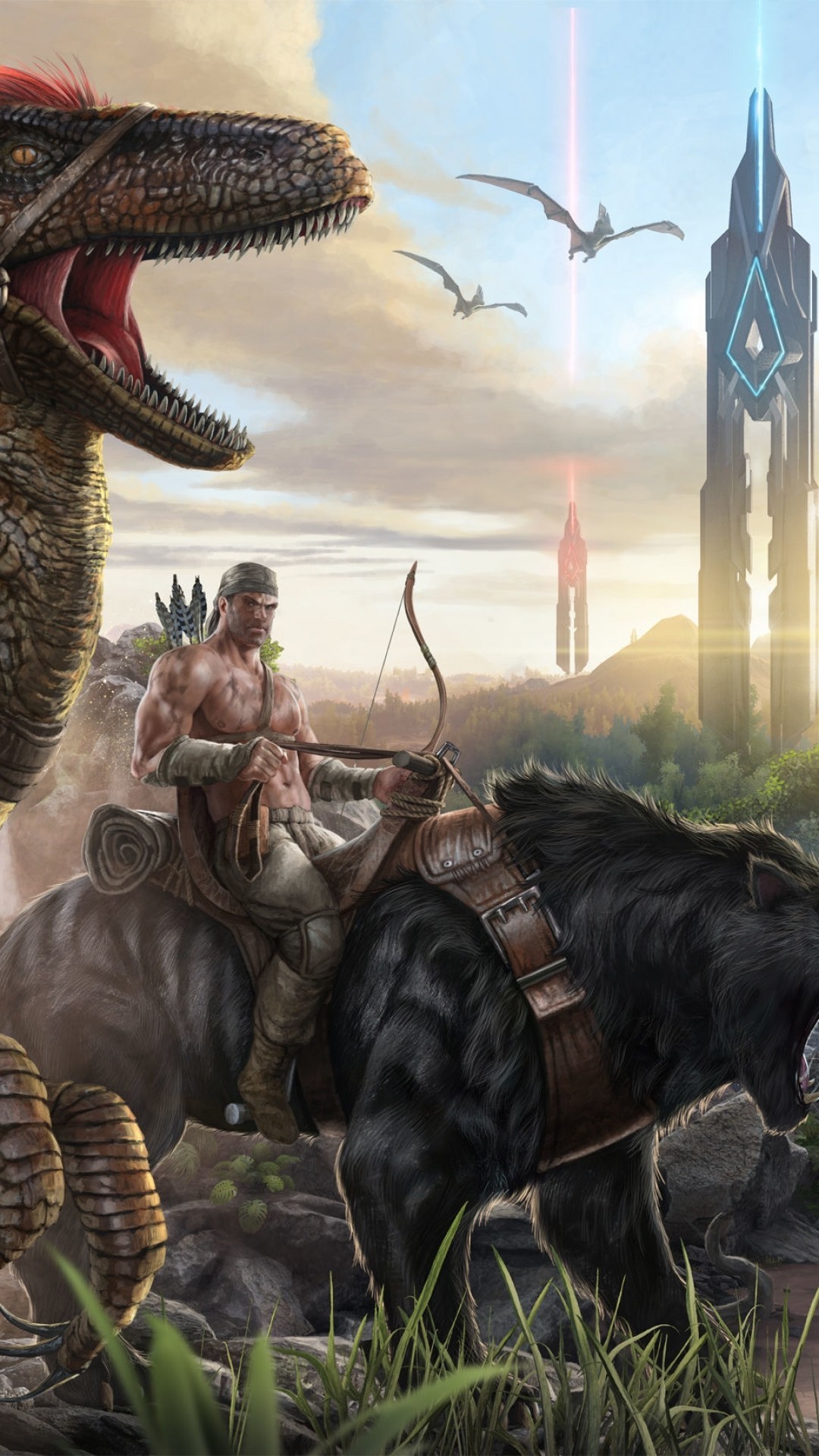 1080x1920 Ark: Survival Evolved, Landscape, Dinosaurs, Guns, Bows, Tower, Artwork