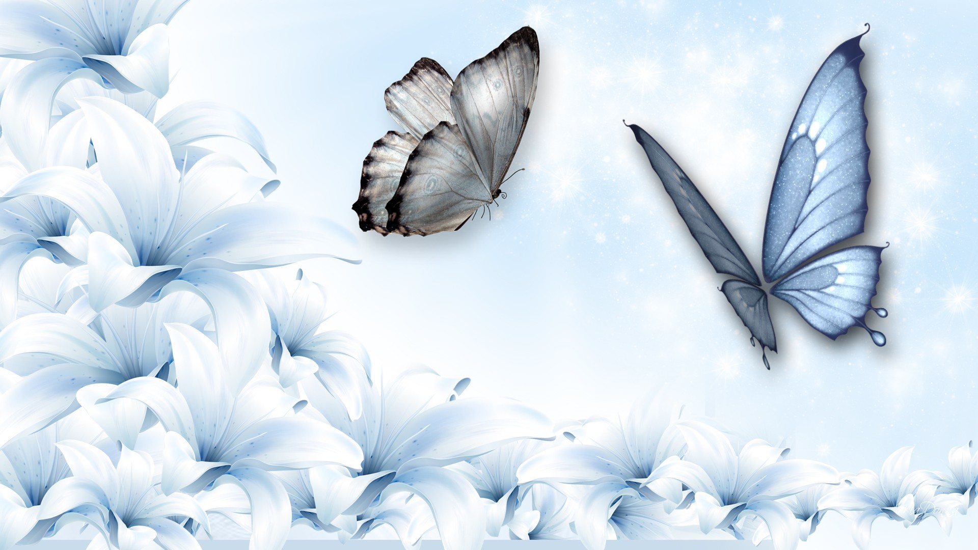 1920x1080 3D Abstract Butterfly and Flowers Wallpaper