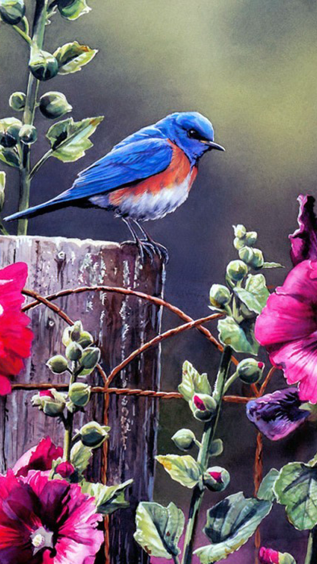 1080x1920 Spring Blue Bird Illustration Flowers Android Wallpaper